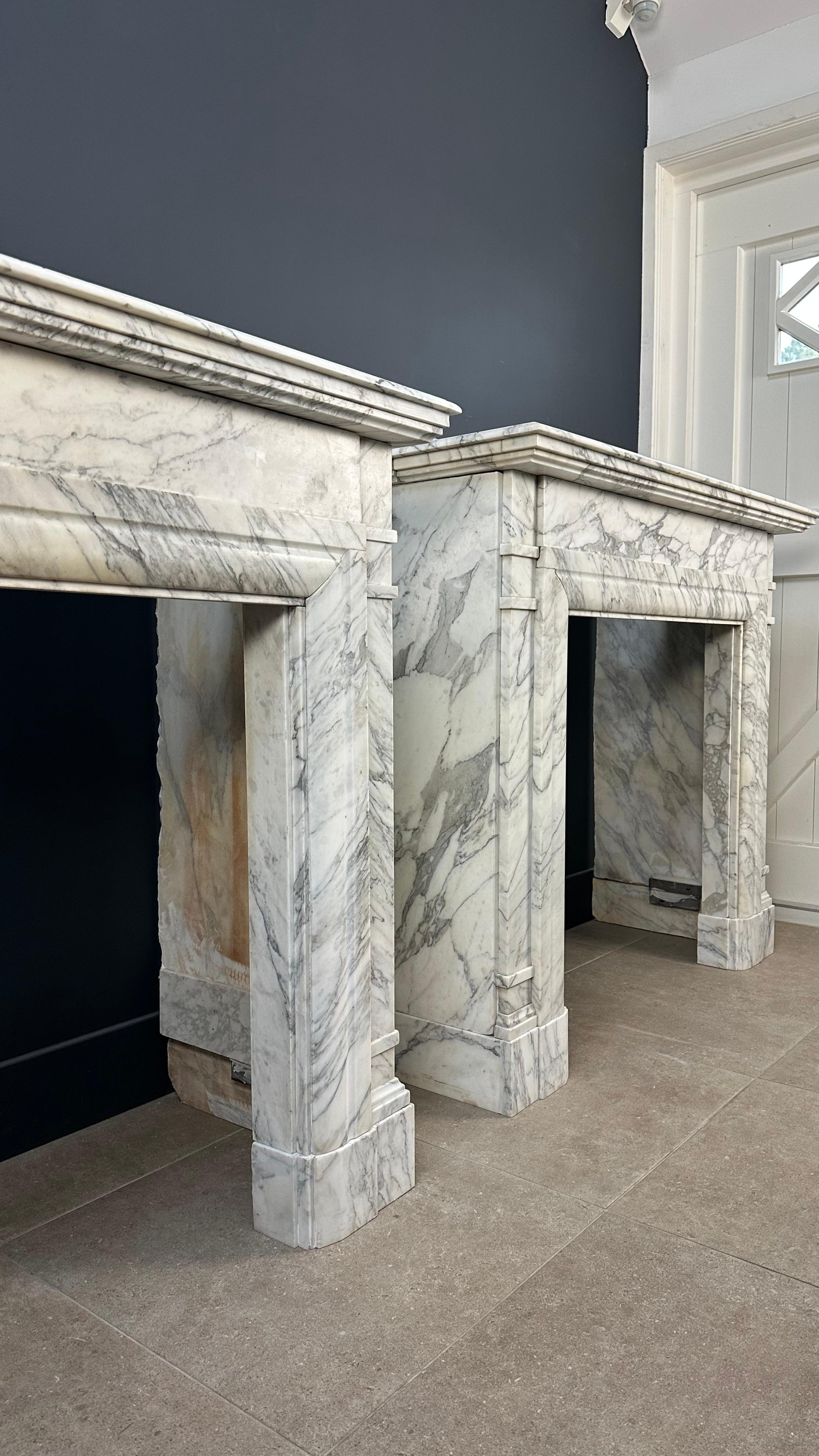 Hand-Carved Set Of Two Art-Deco Marble Fireplace Surrounds 