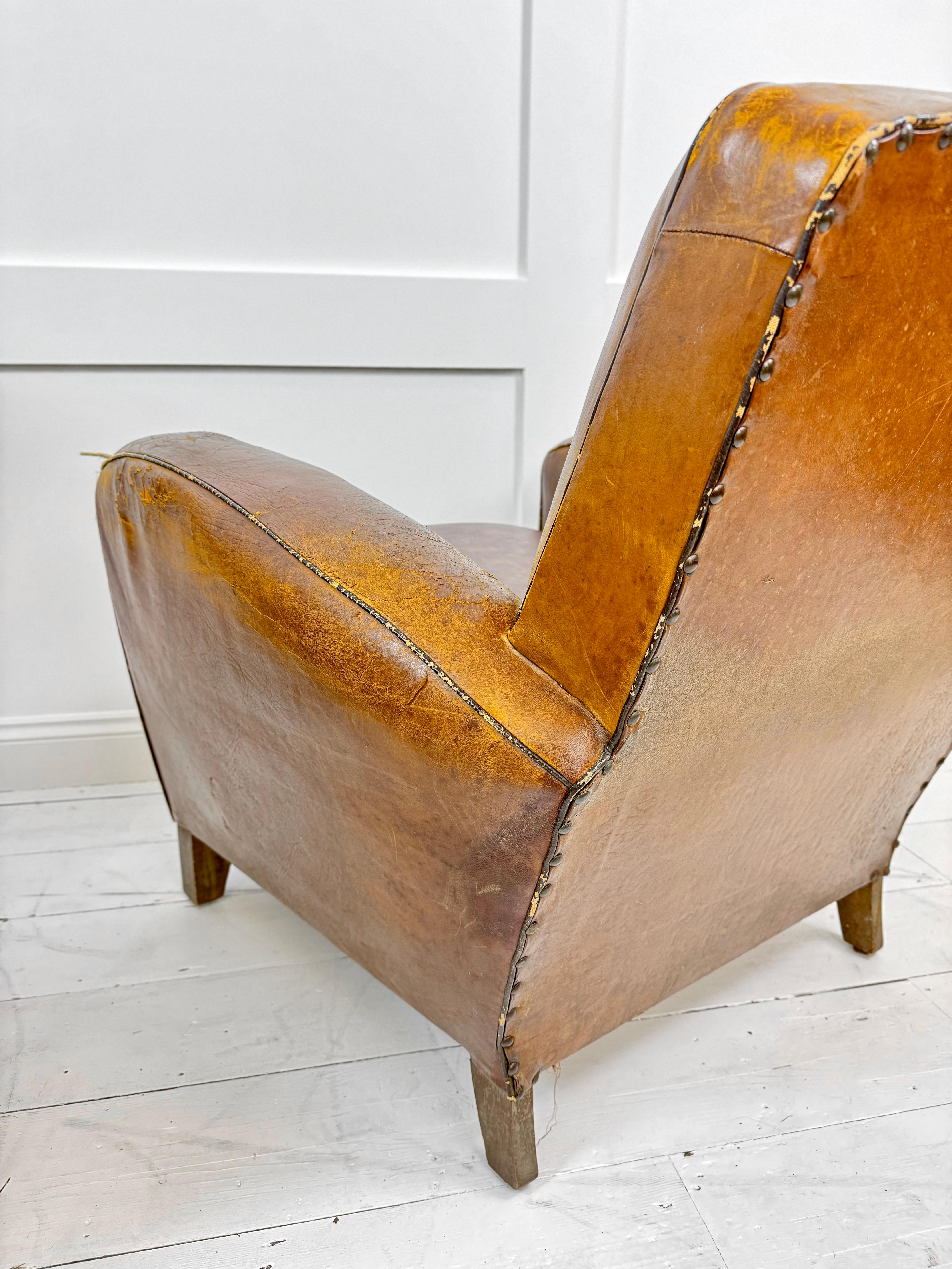 French Art Deco Leather Club Chairs France c. 1930's For Sale 6