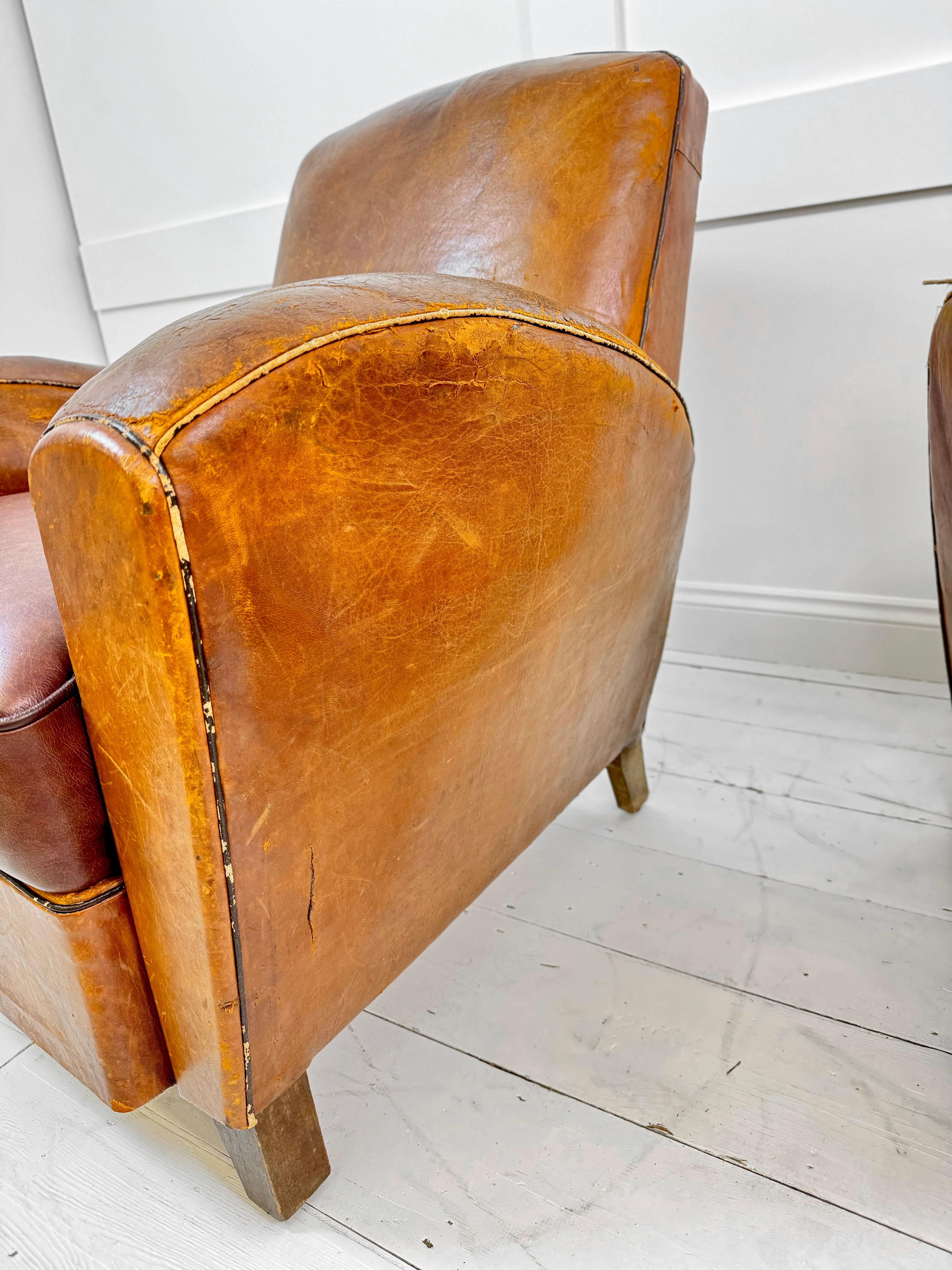 French Art Deco Leather Club Chairs France c. 1930's For Sale 8