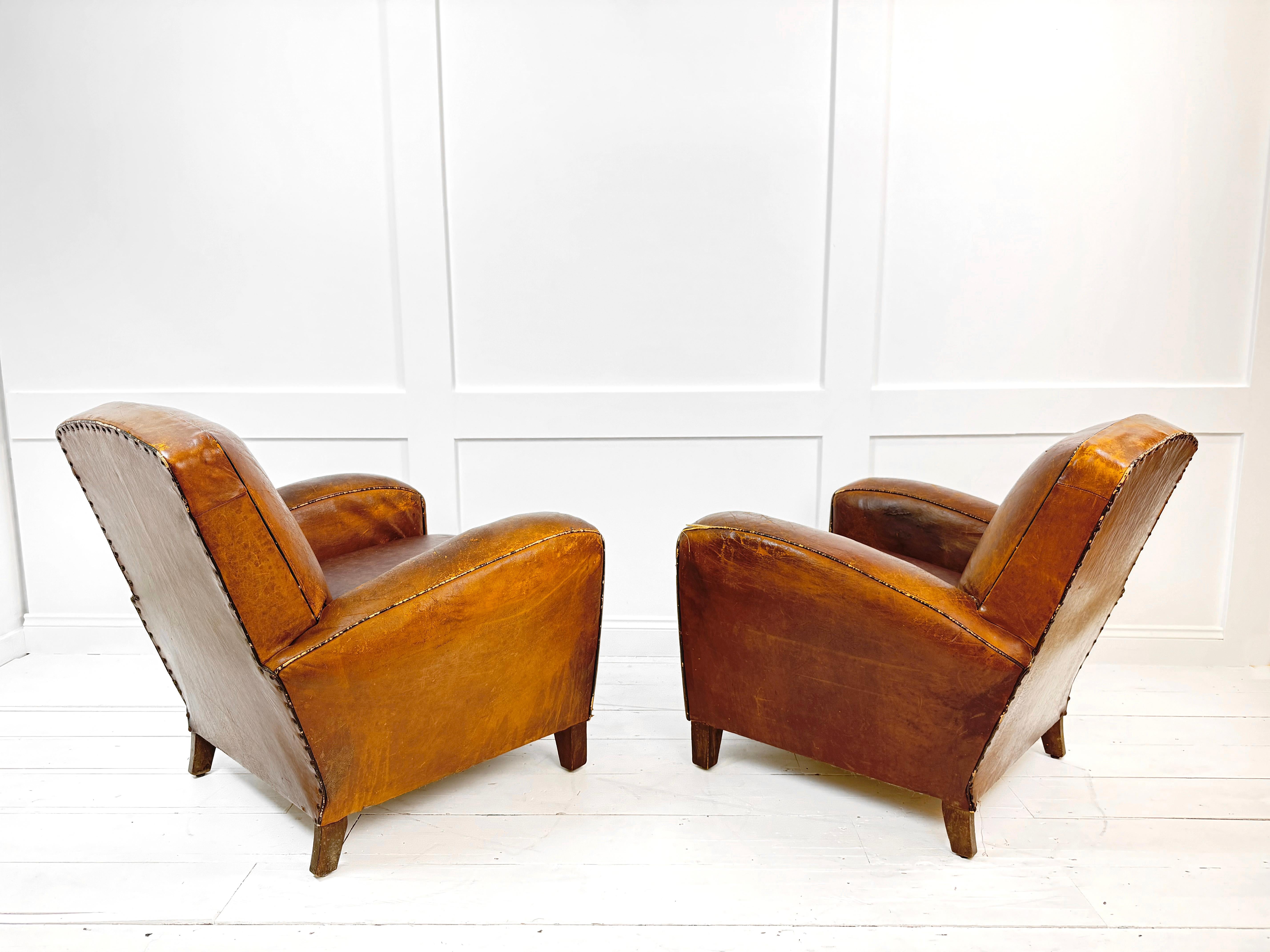 French Art Deco Leather Club Chairs France c. 1930's In Fair Condition For Sale In London, GB