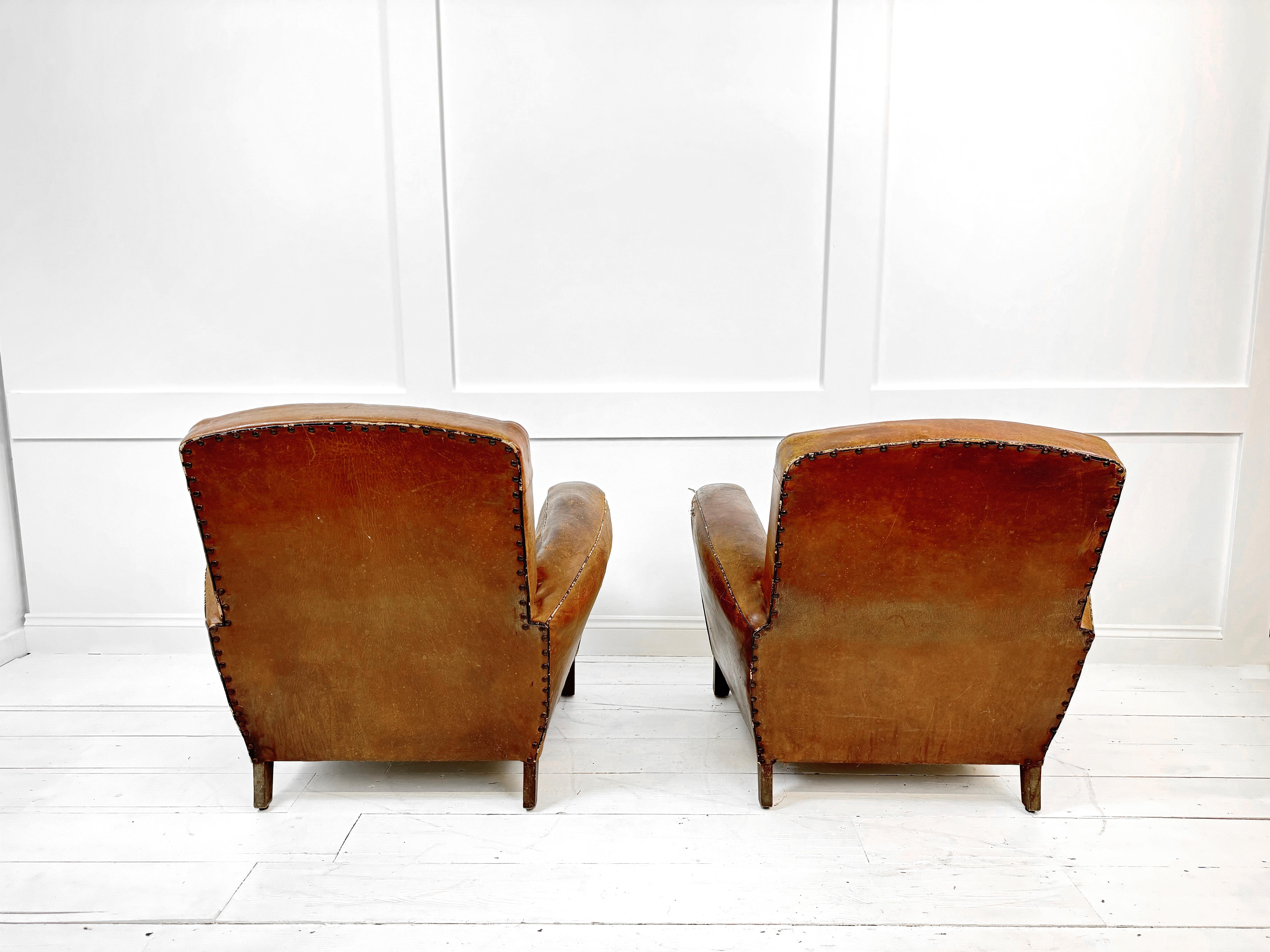 Mid-20th Century French Art Deco Leather Club Chairs France c. 1930's For Sale