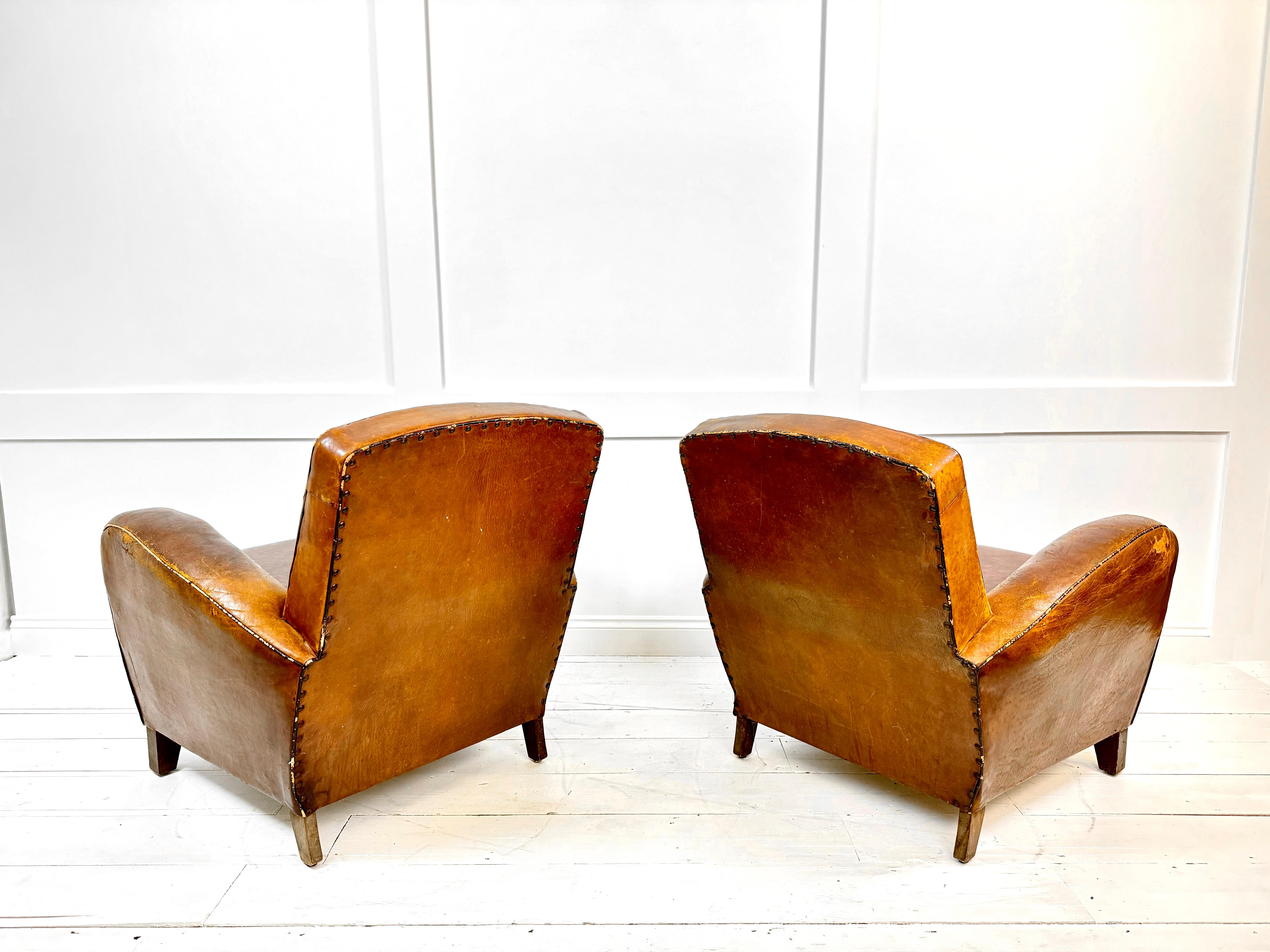 French Art Deco Leather Club Chairs France c. 1930's For Sale 1