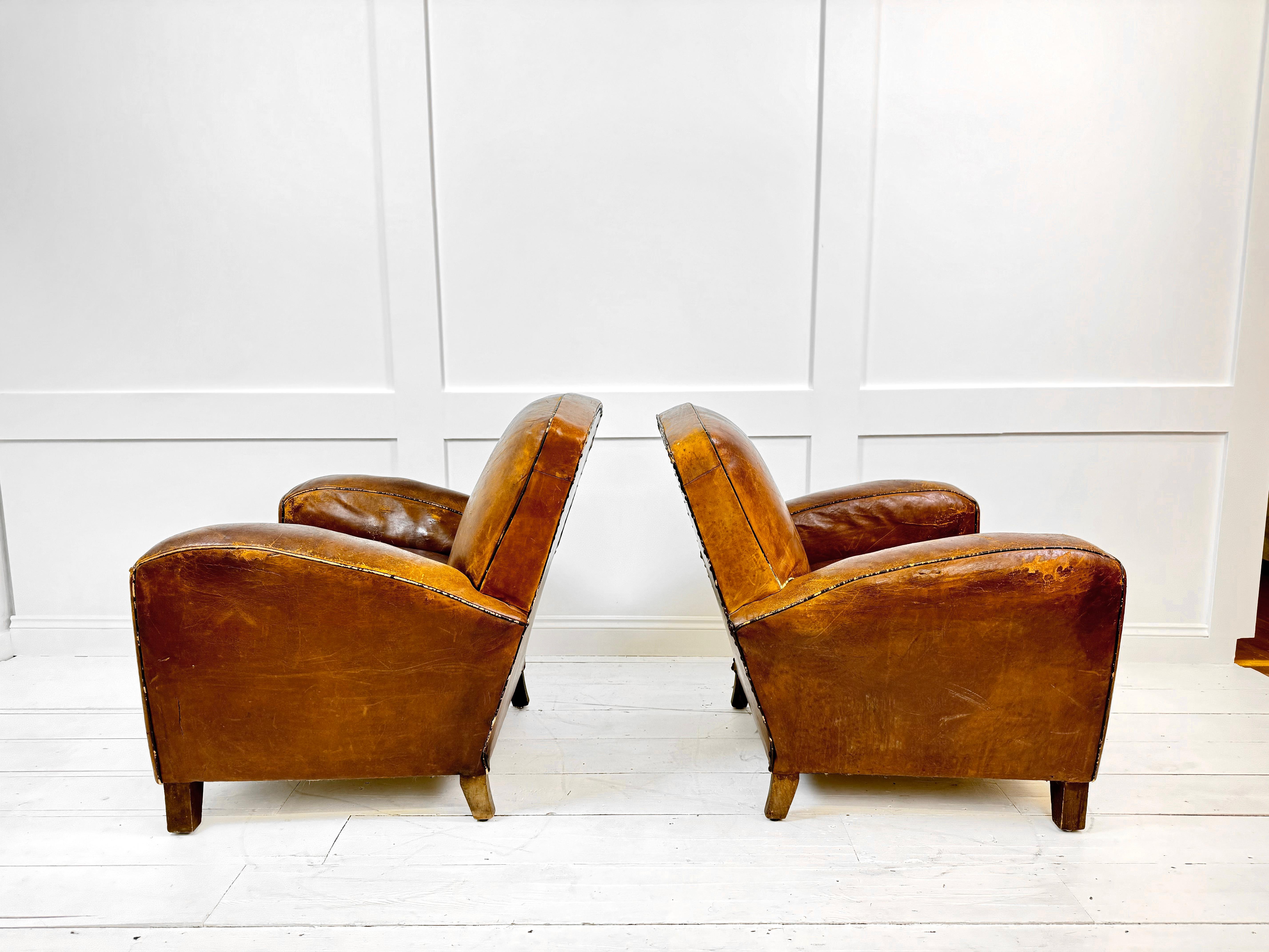 French Art Deco Leather Club Chairs France c. 1930's For Sale 2