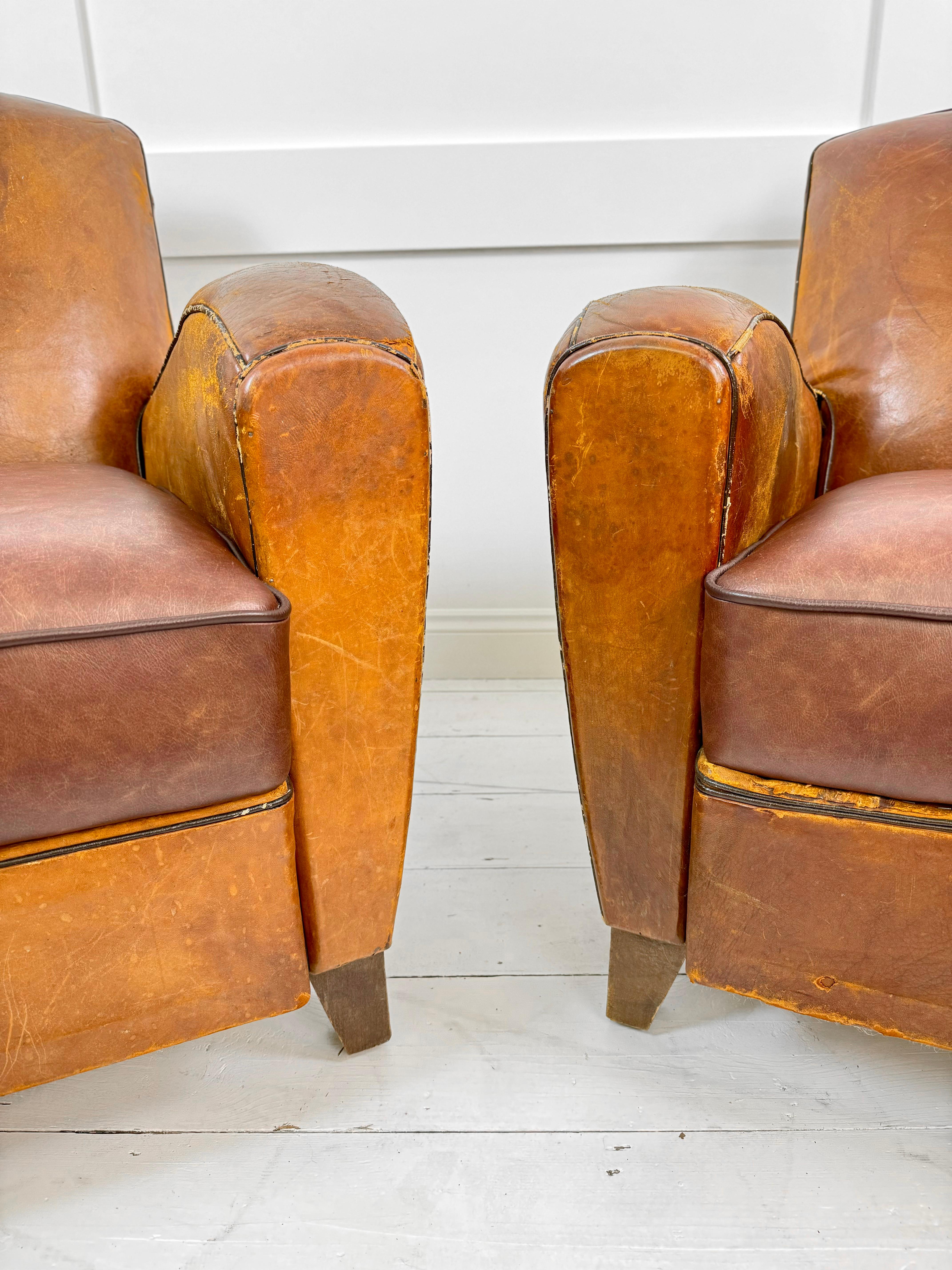 French Art Deco Leather Club Chairs France c. 1930's For Sale 3