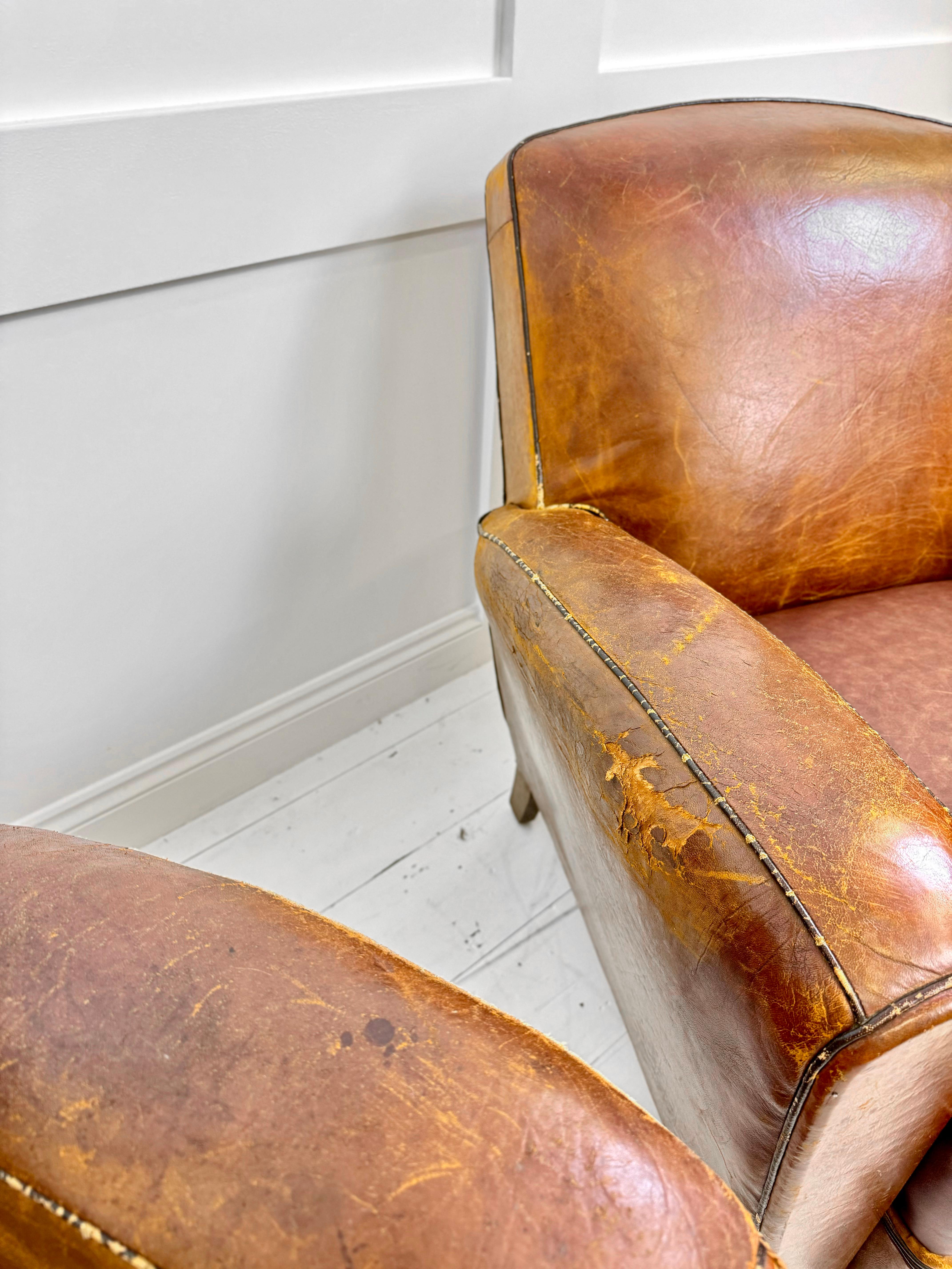 French Art Deco Leather Club Chairs France c. 1930's For Sale 5
