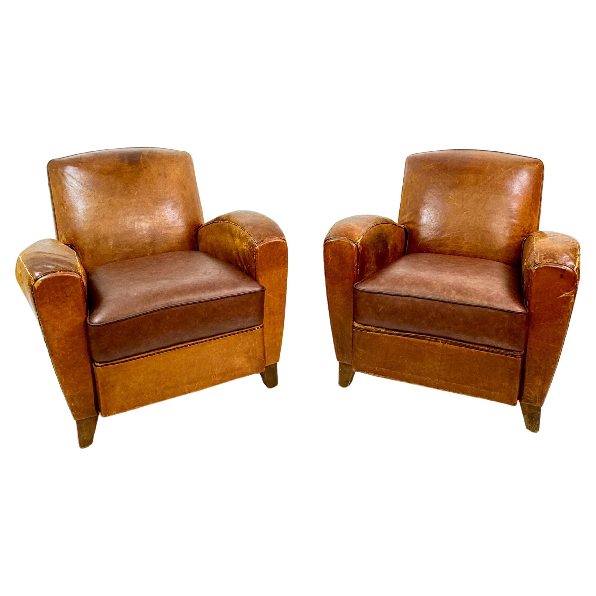 French Art Deco Leather Club Chairs France c. 1930's For Sale