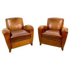 Vintage Set of Two Art Deco Tan Leather Club Arm Chairs France c. 1930's