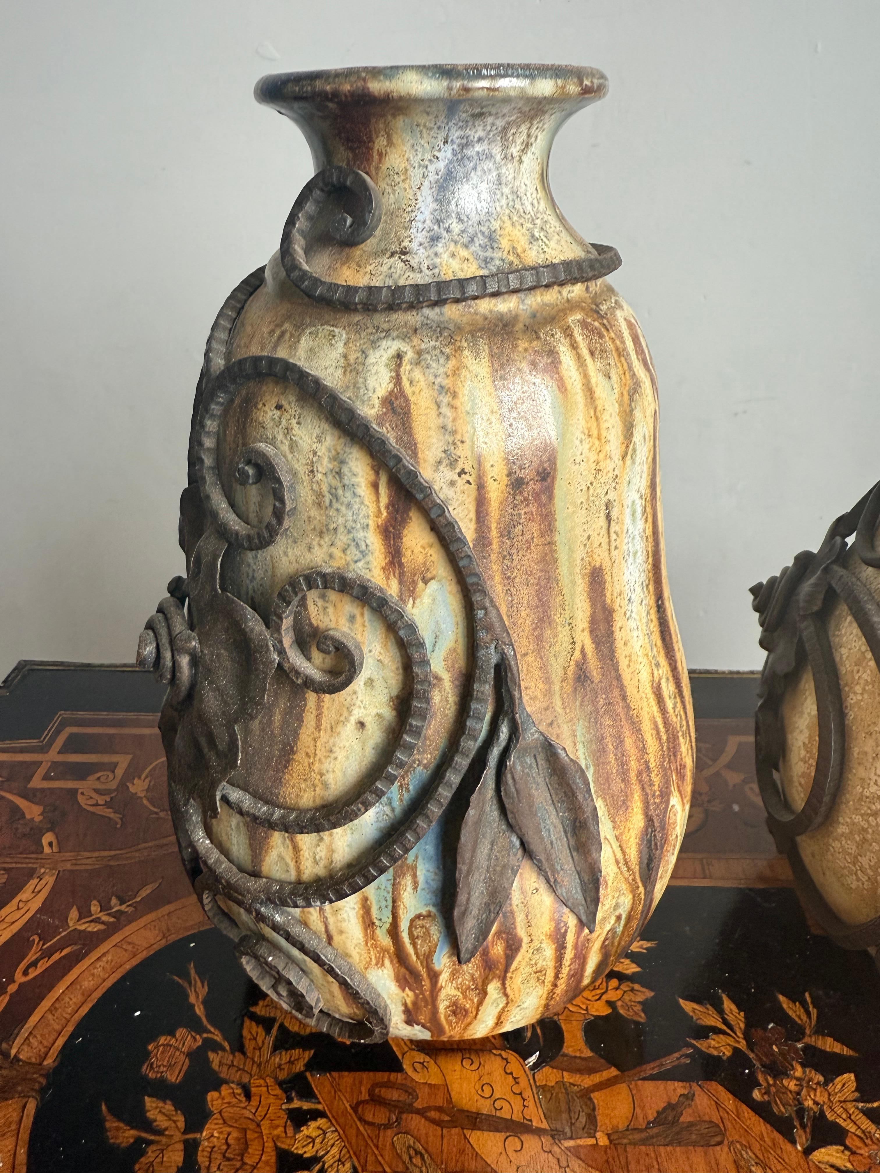 Set of Two Art Deco Vases, Roger Guerin with Floral Ironwork of F.Carion For Sale 3