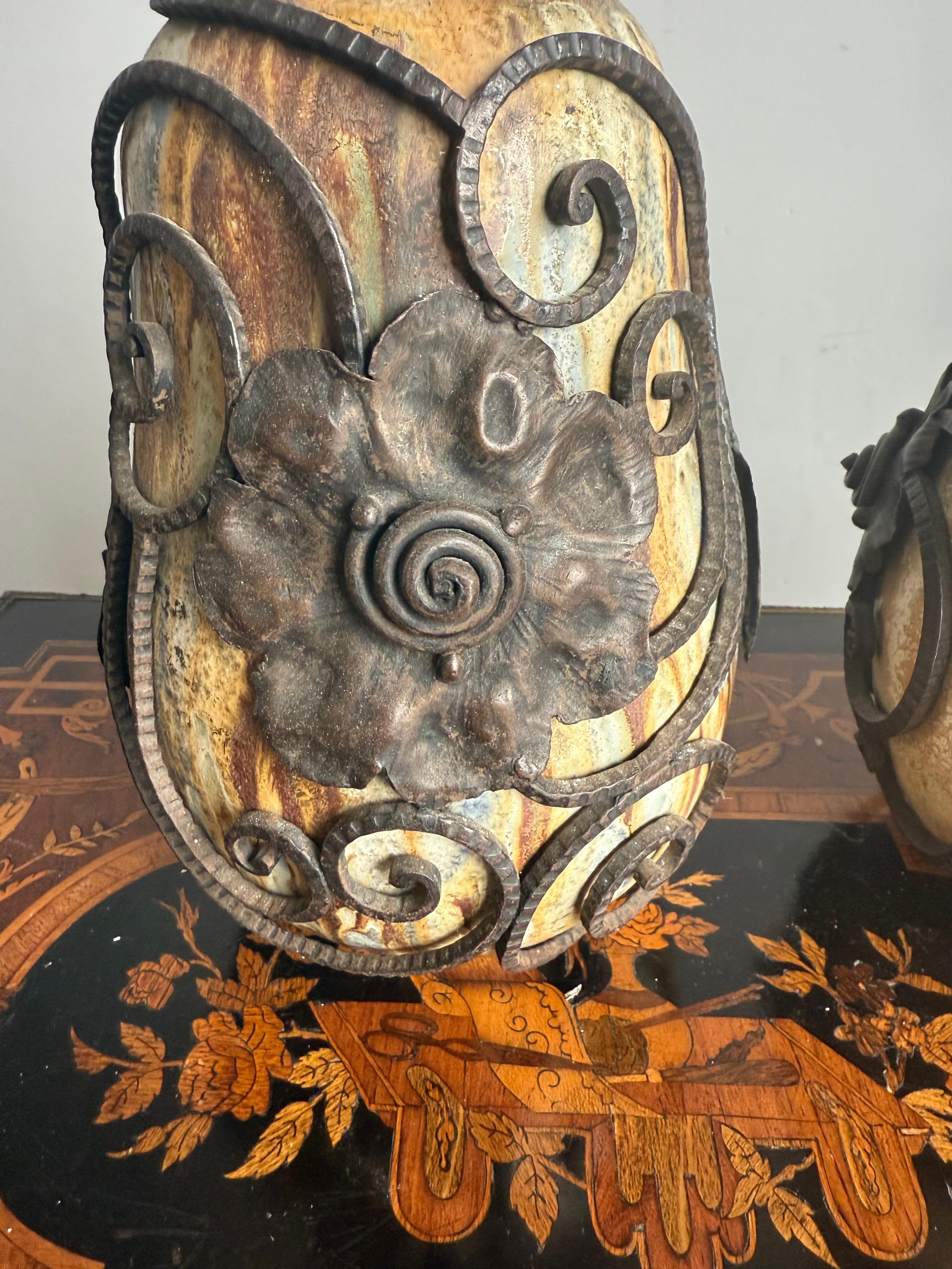 Set of Two Art Deco Vases, Roger Guerin with Floral Ironwork of F.Carion For Sale 4