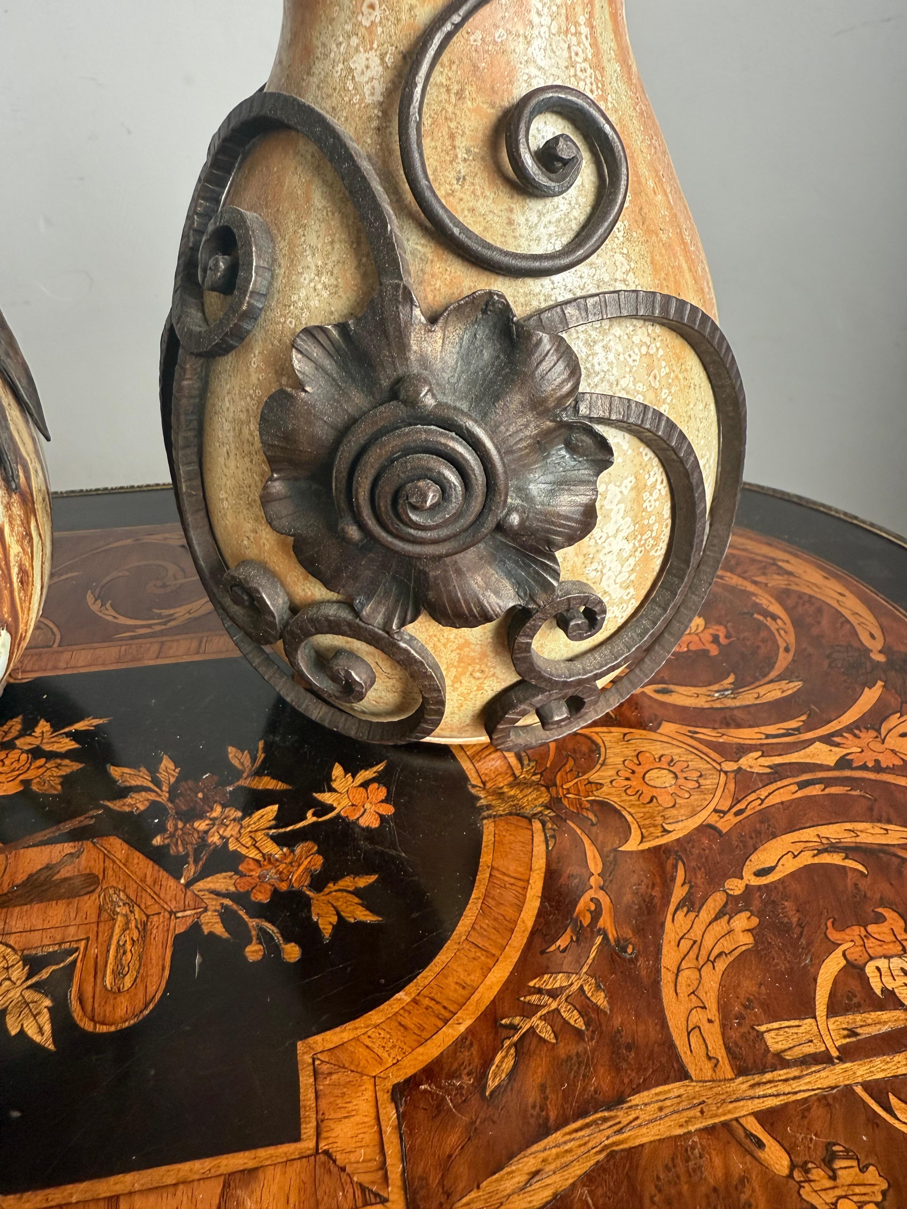 Set of Two Art Deco Vases, Roger Guerin with Floral Ironwork of F.Carion For Sale 5