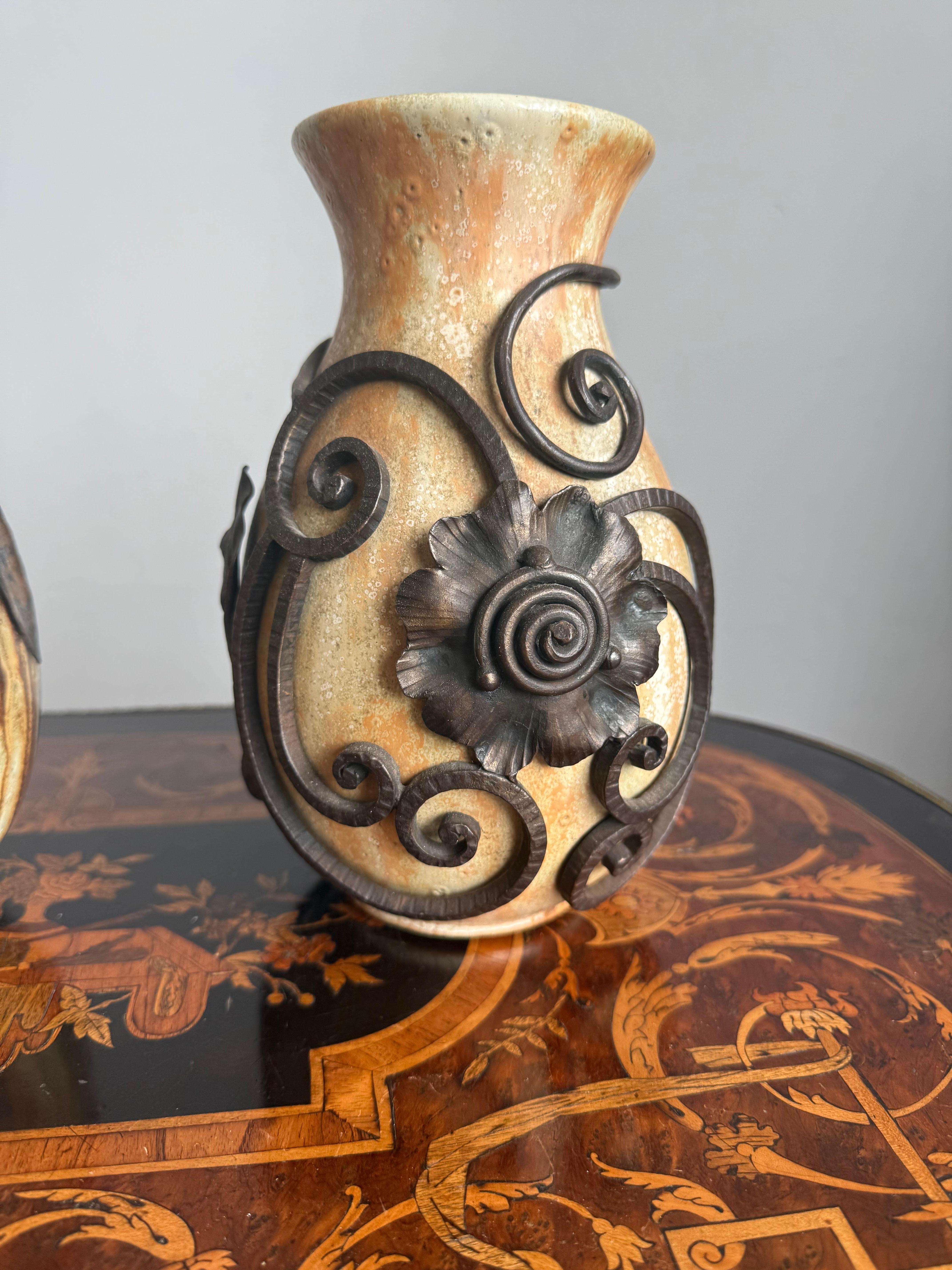 European Set of Two Art Deco Vases, Roger Guerin with Floral Ironwork of F.Carion For Sale