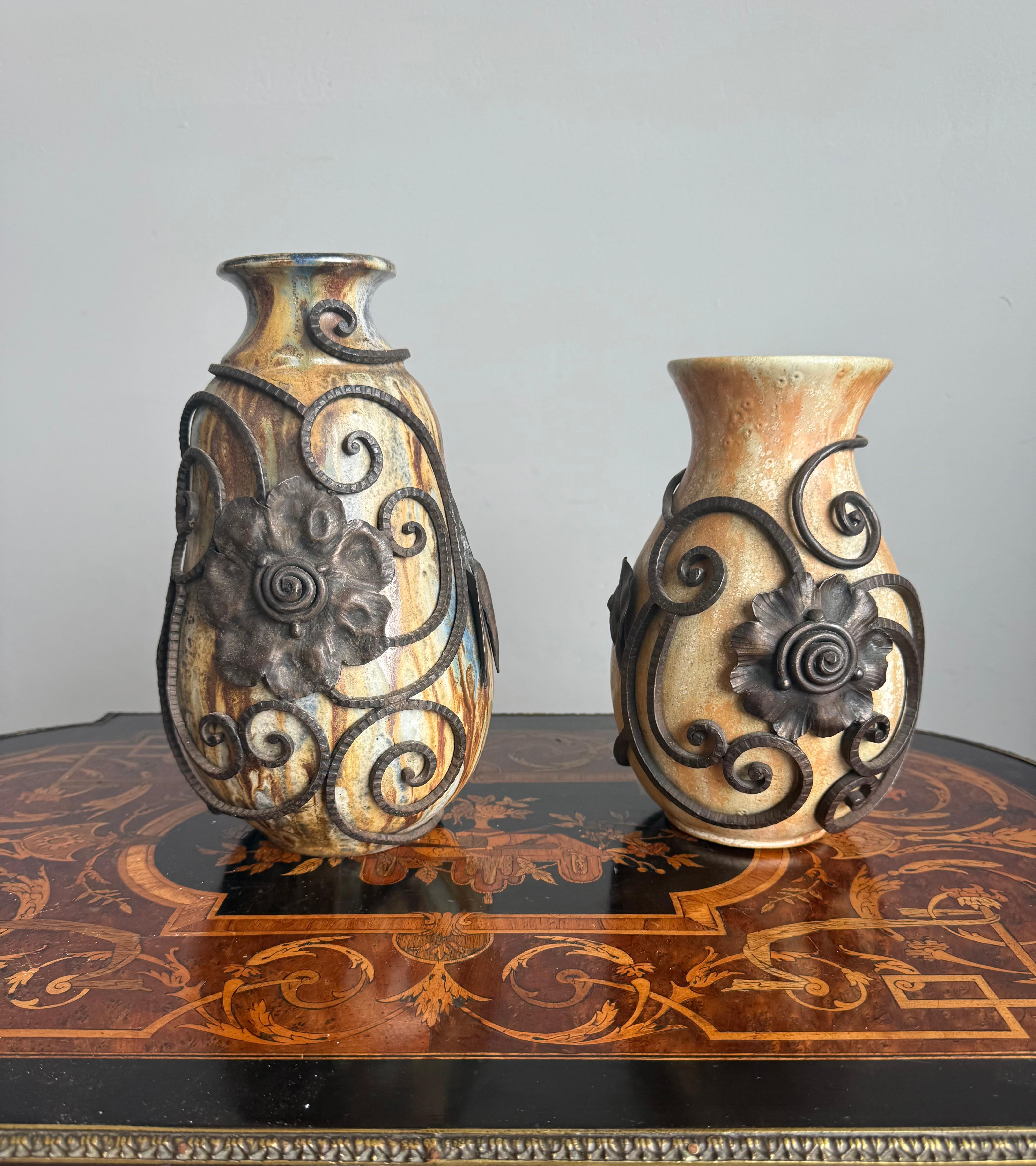 Hand-Crafted Set of Two Art Deco Vases, Roger Guerin with Floral Ironwork of F.Carion For Sale