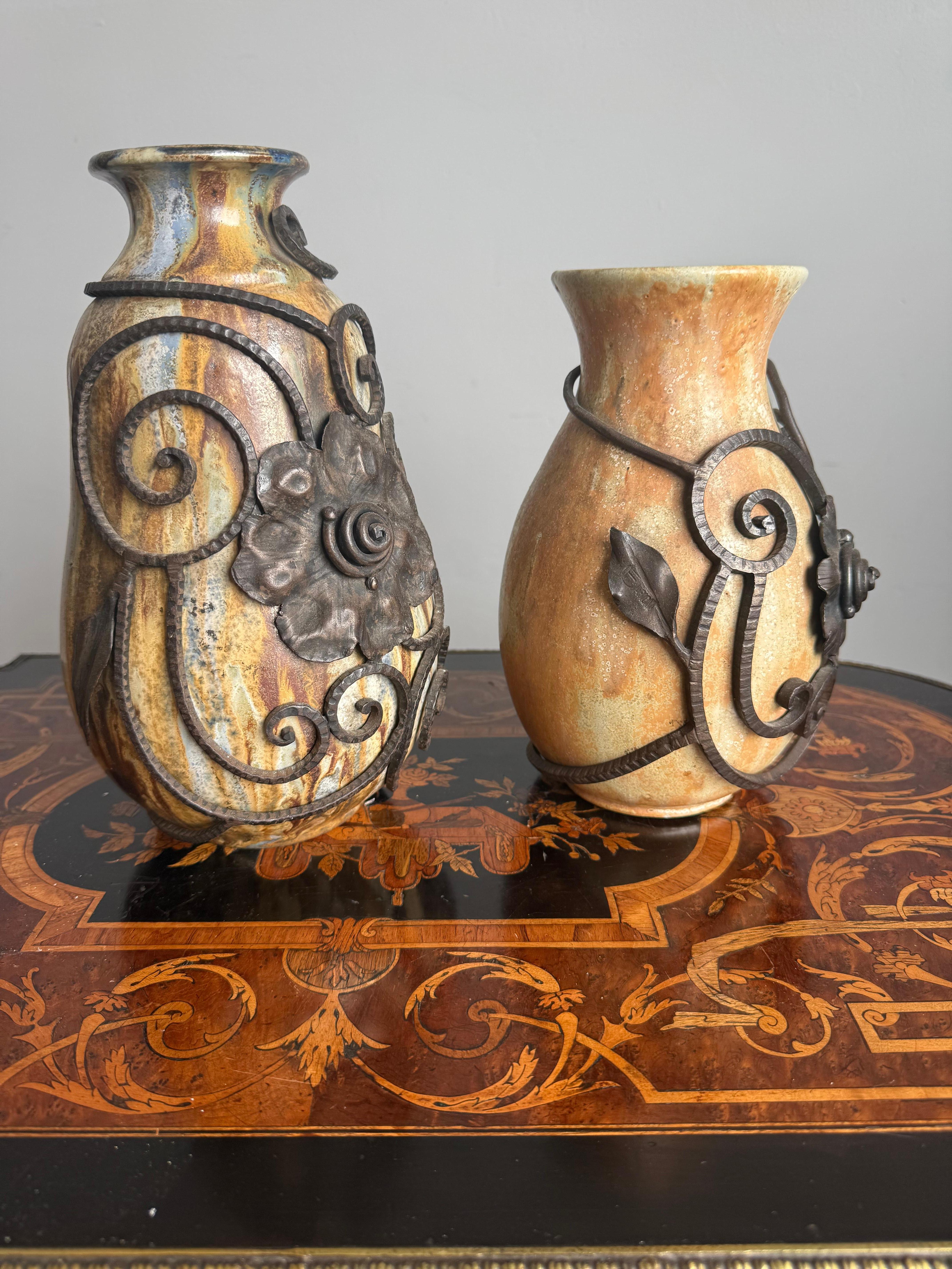 Set of Two Art Deco Vases, Roger Guerin with Floral Ironwork of F.Carion In Excellent Condition For Sale In Lisse, NL