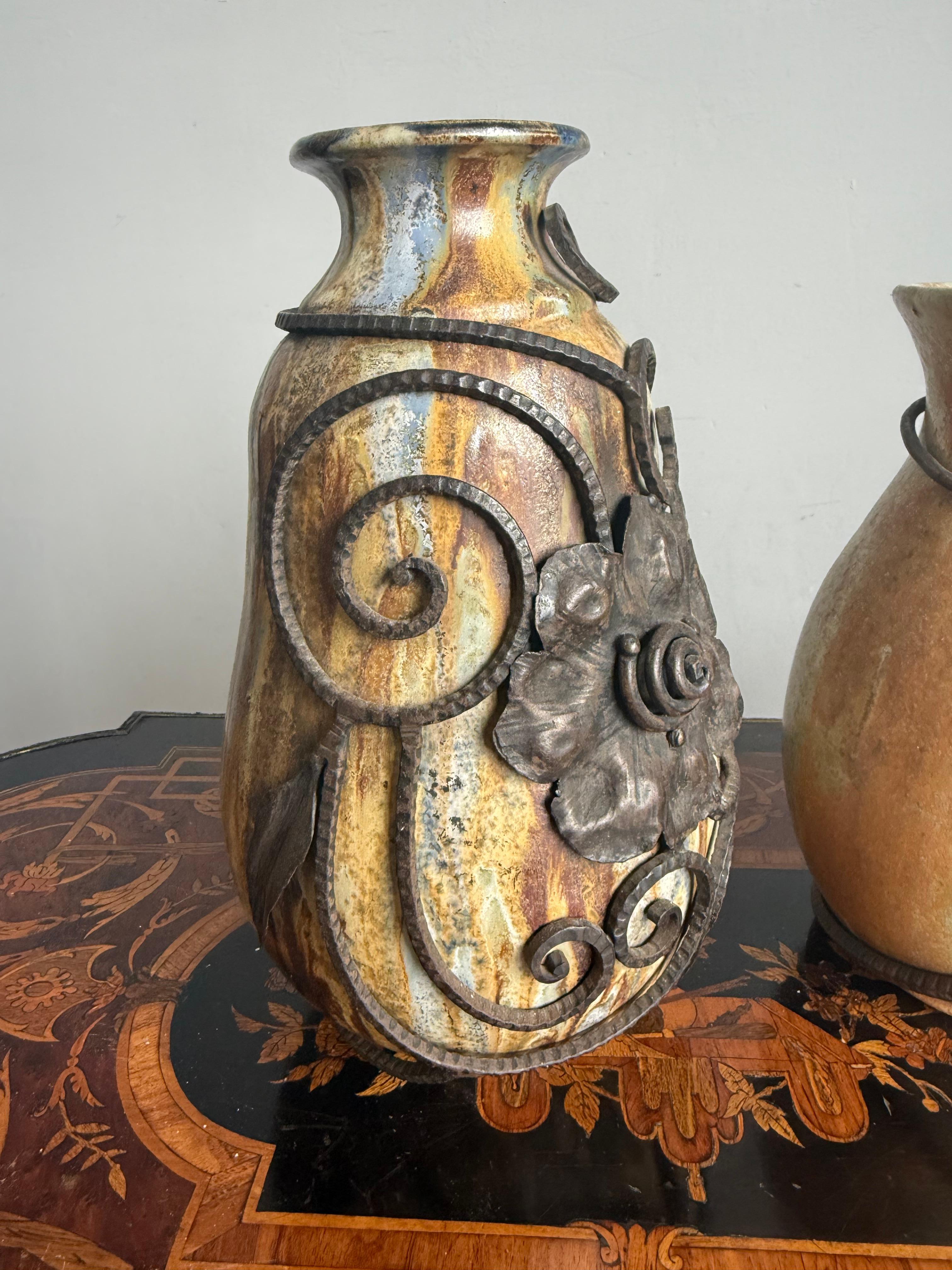 20th Century Set of Two Art Deco Vases, Roger Guerin with Floral Ironwork of F.Carion For Sale