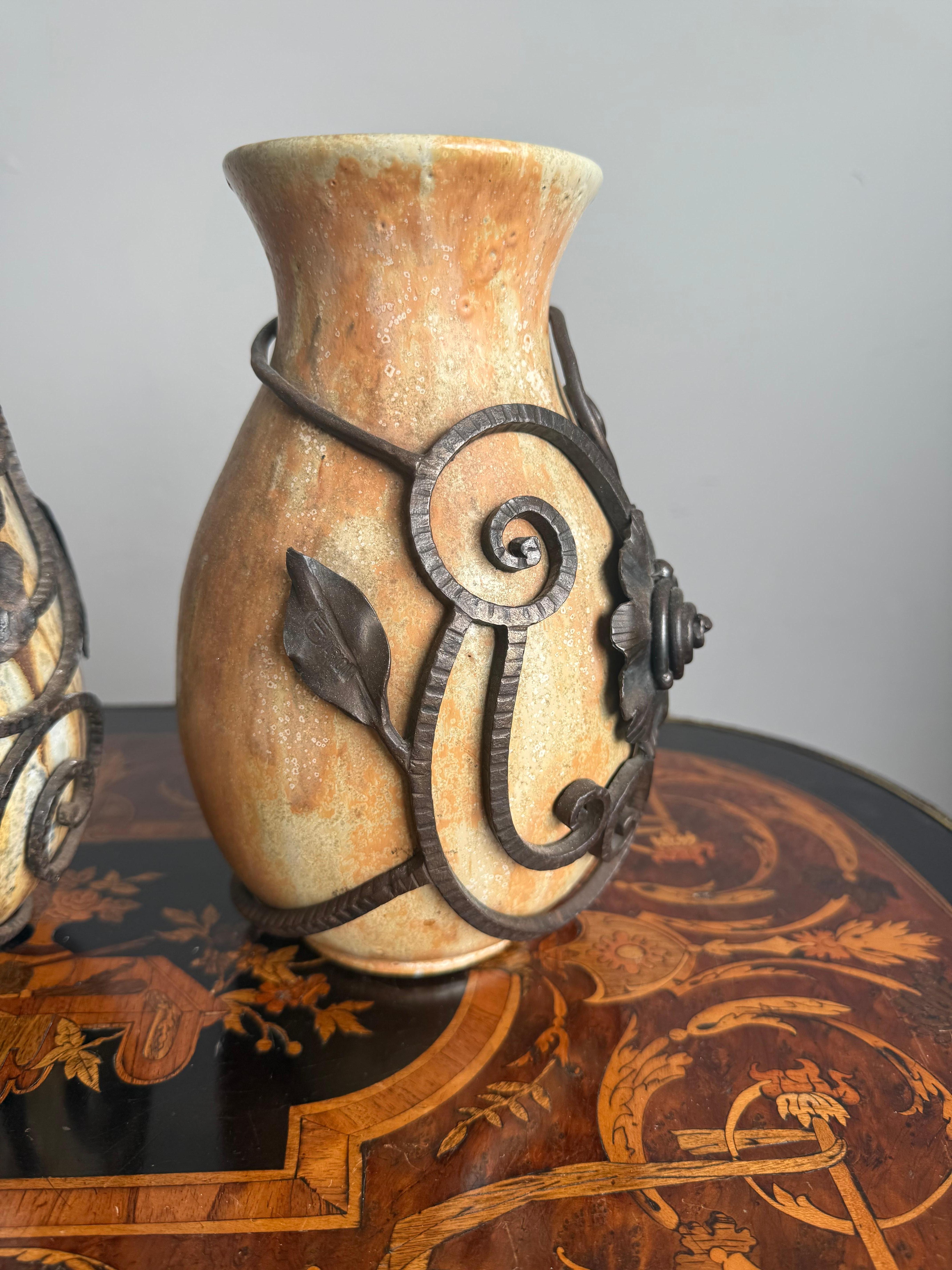 Ceramic Set of Two Art Deco Vases, Roger Guerin with Floral Ironwork of F.Carion For Sale
