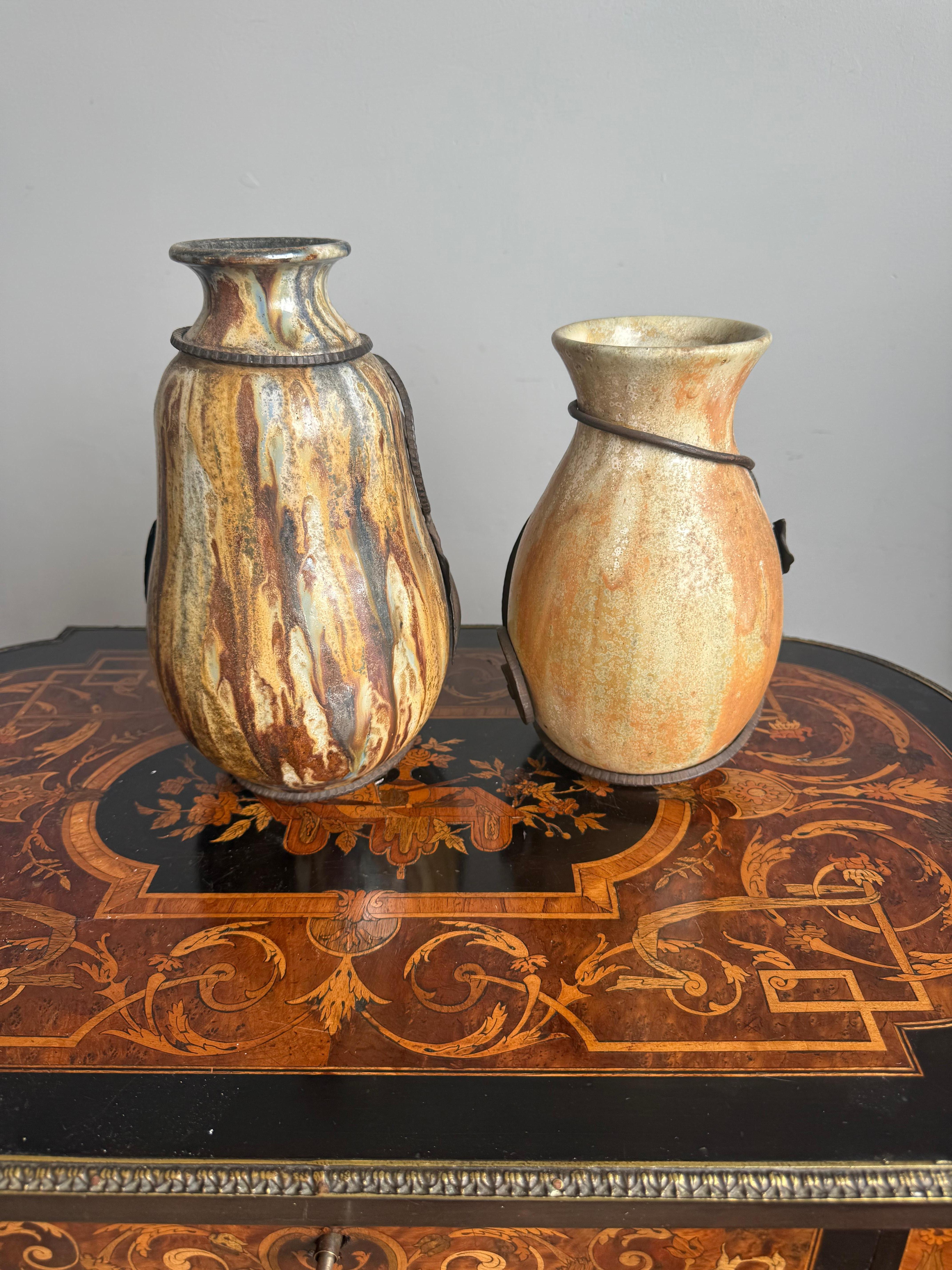 Set of Two Art Deco Vases, Roger Guerin with Floral Ironwork of F.Carion For Sale 1