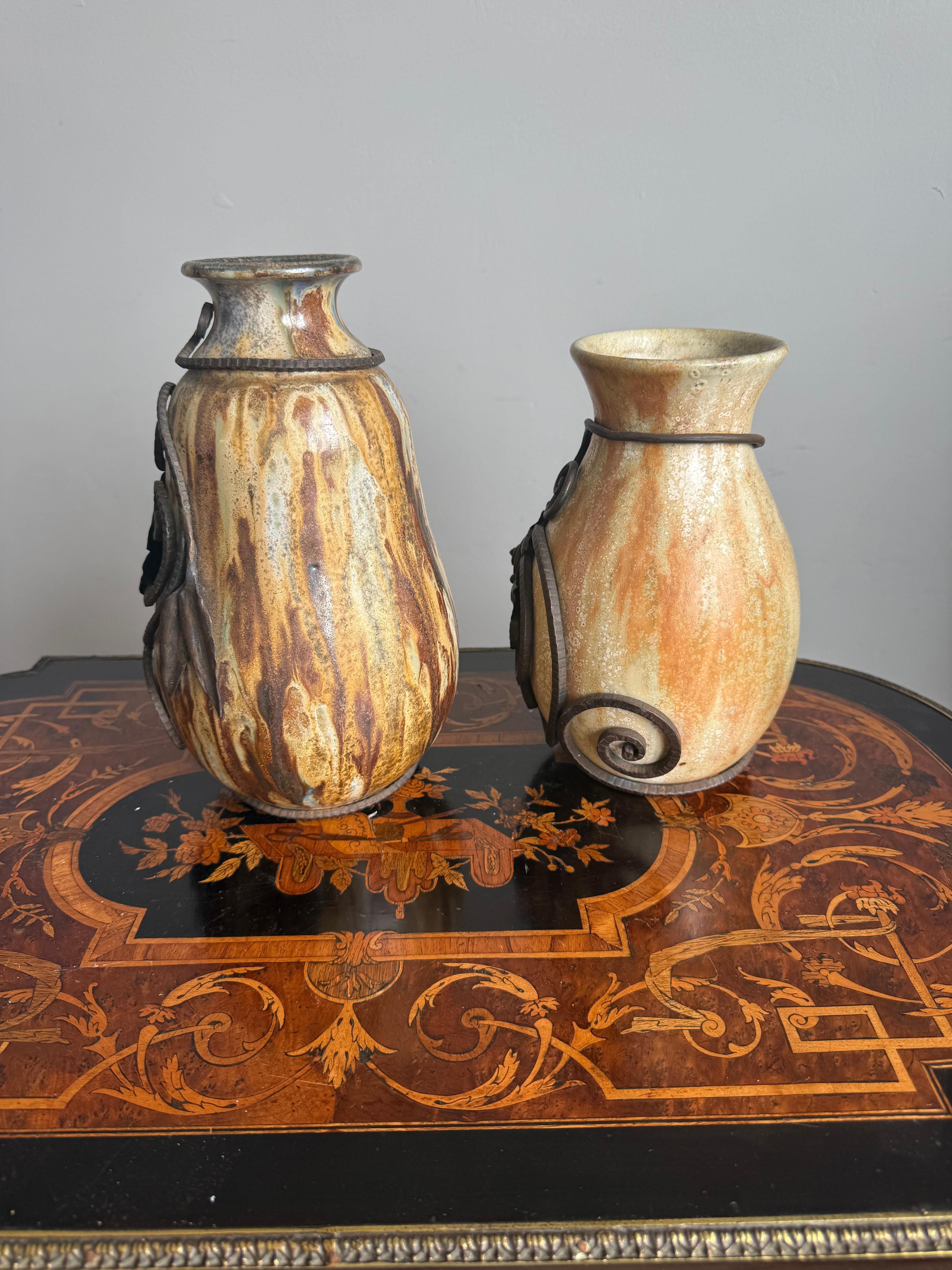 Set of Two Art Deco Vases, Roger Guerin with Floral Ironwork of F.Carion For Sale 2