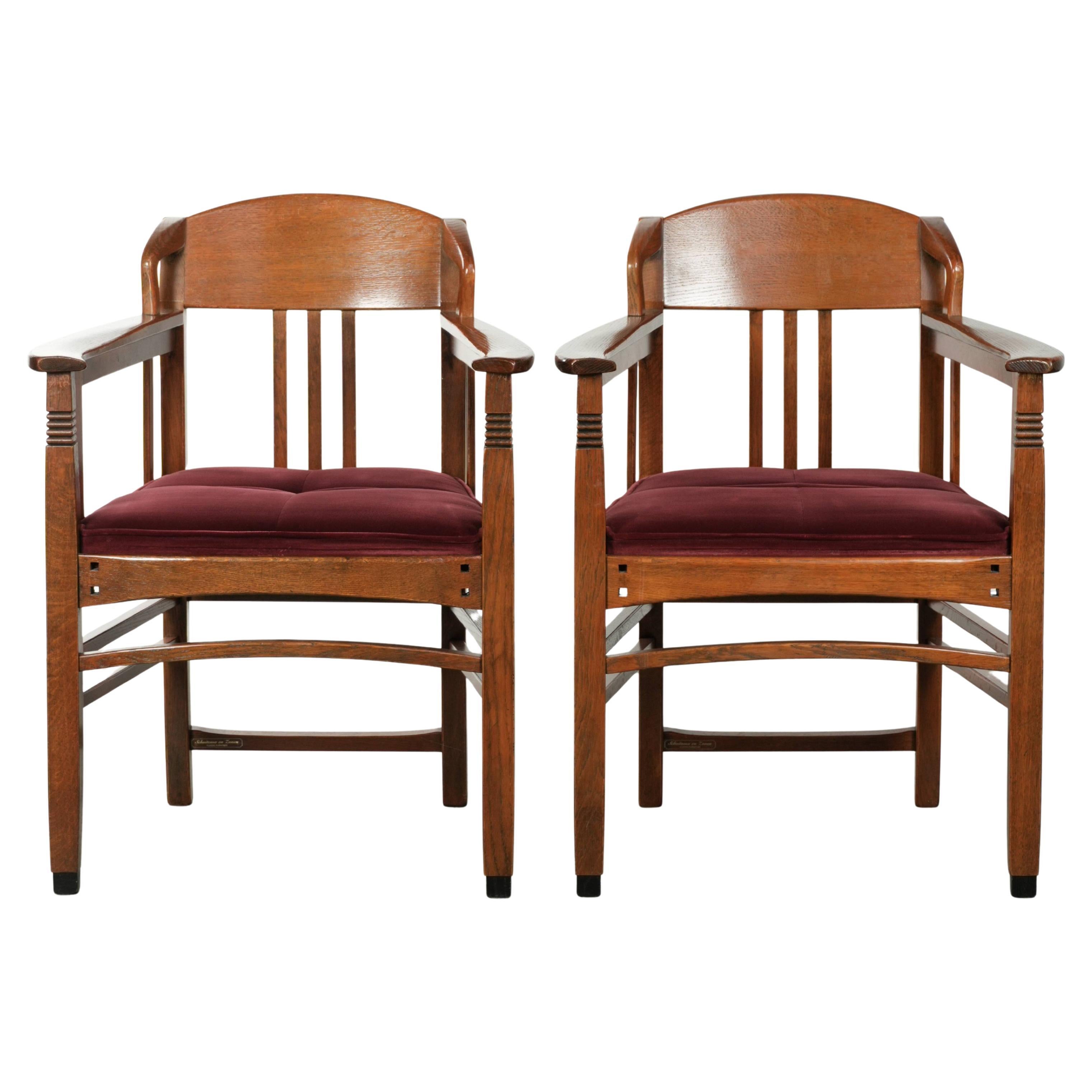 Set of two Art Nouveau design dining chairs with red fabric upholstery