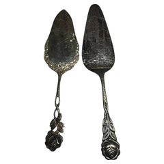Set of Two Art Nouveau Hildesheim Rose Silver Plate Flatware Cake Shovel, German