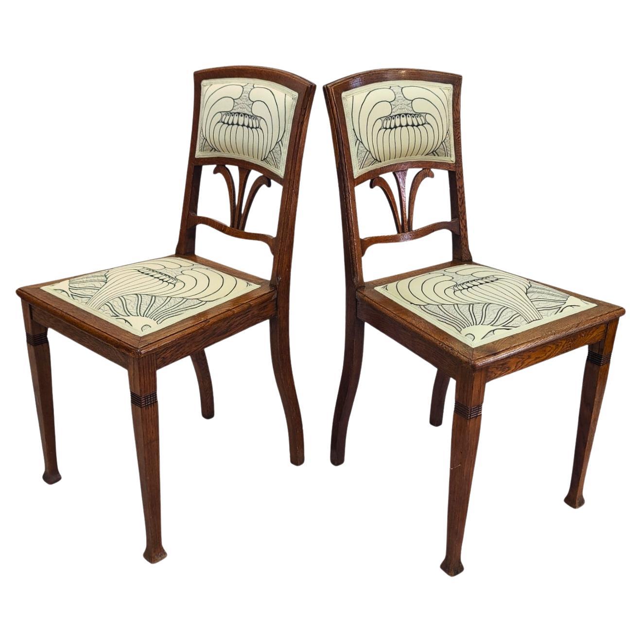Set of Two Art Nouveau Oak Chairs