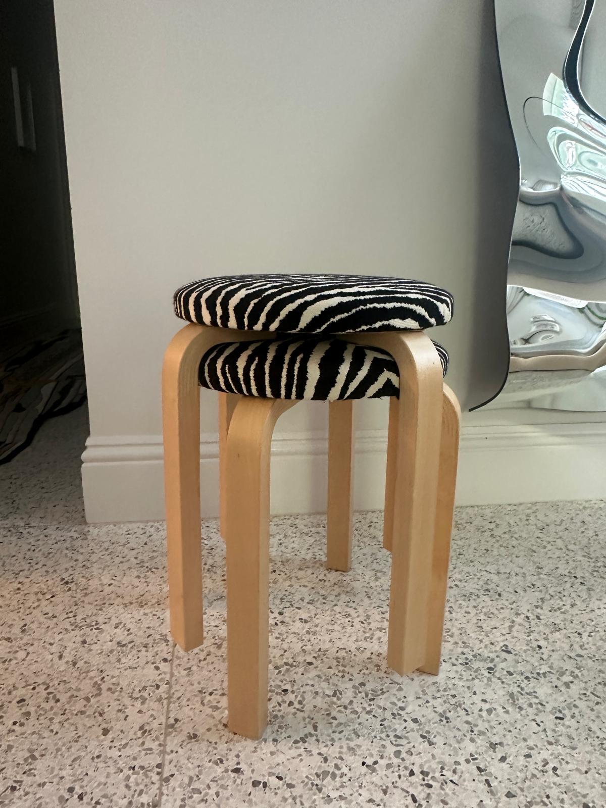 Set of Two Artek 60 Zebra Fabric Stools by Alvar Aalto in STOCK 4