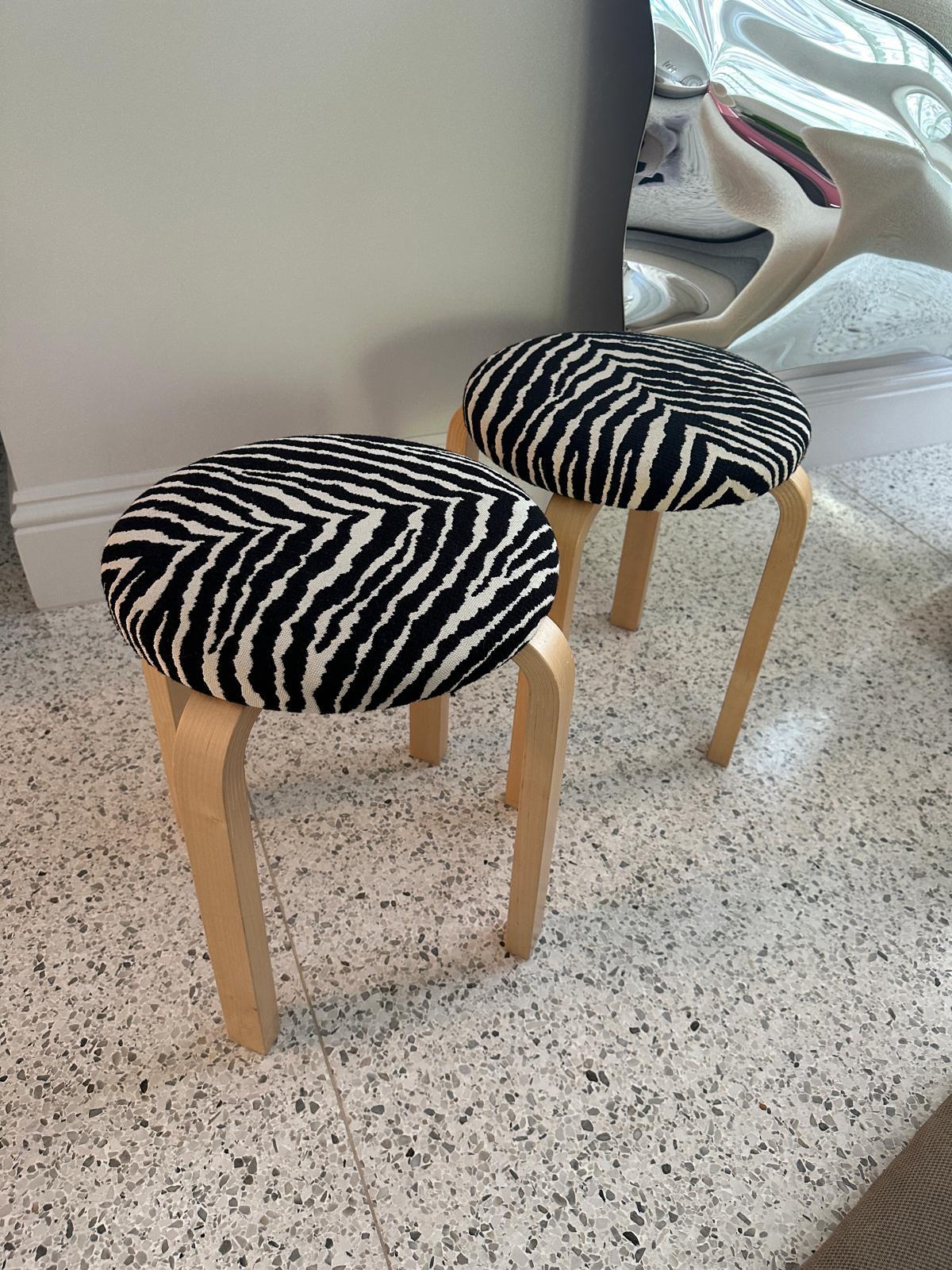 Finnish Set of Two Artek 60 Zebra Fabric Stools by Alvar Aalto in STOCK