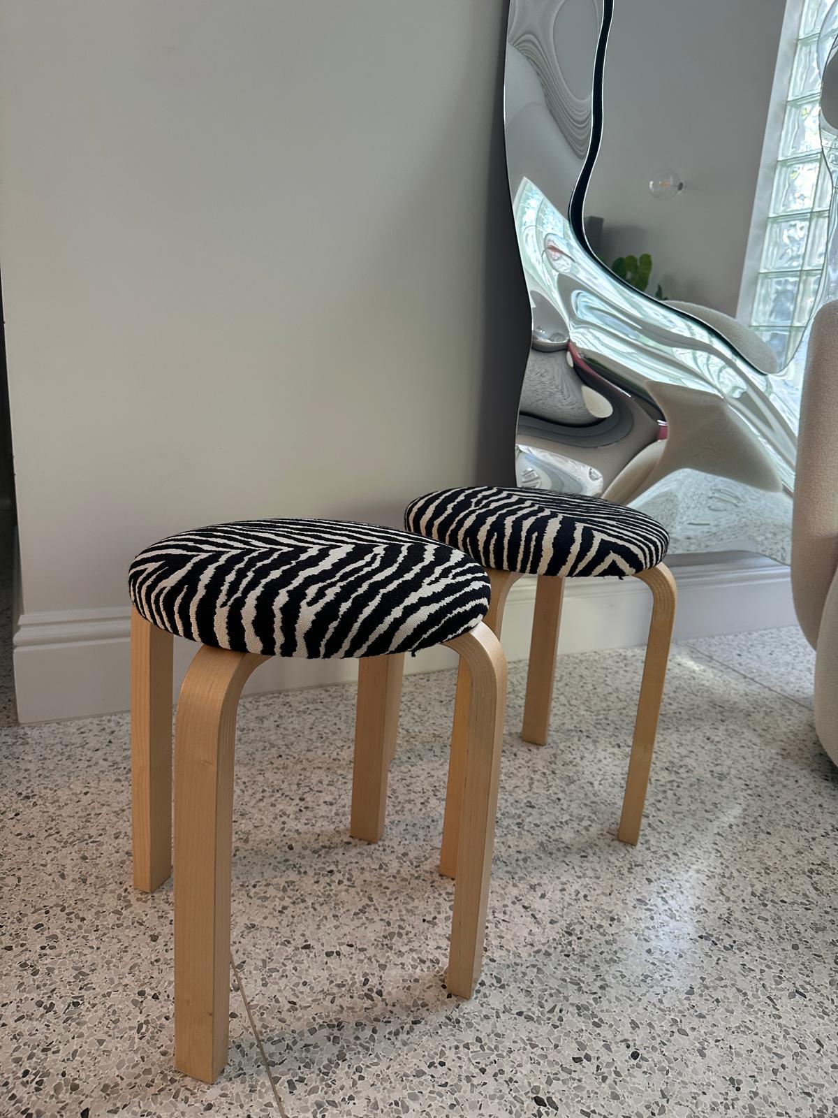 Set of Two Artek 60 Zebra Fabric Stools by Alvar Aalto in STOCK In Good Condition In New York, NY