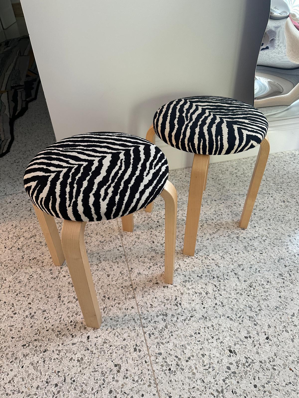 Contemporary Set of Two Artek 60 Zebra Fabric Stools by Alvar Aalto in STOCK