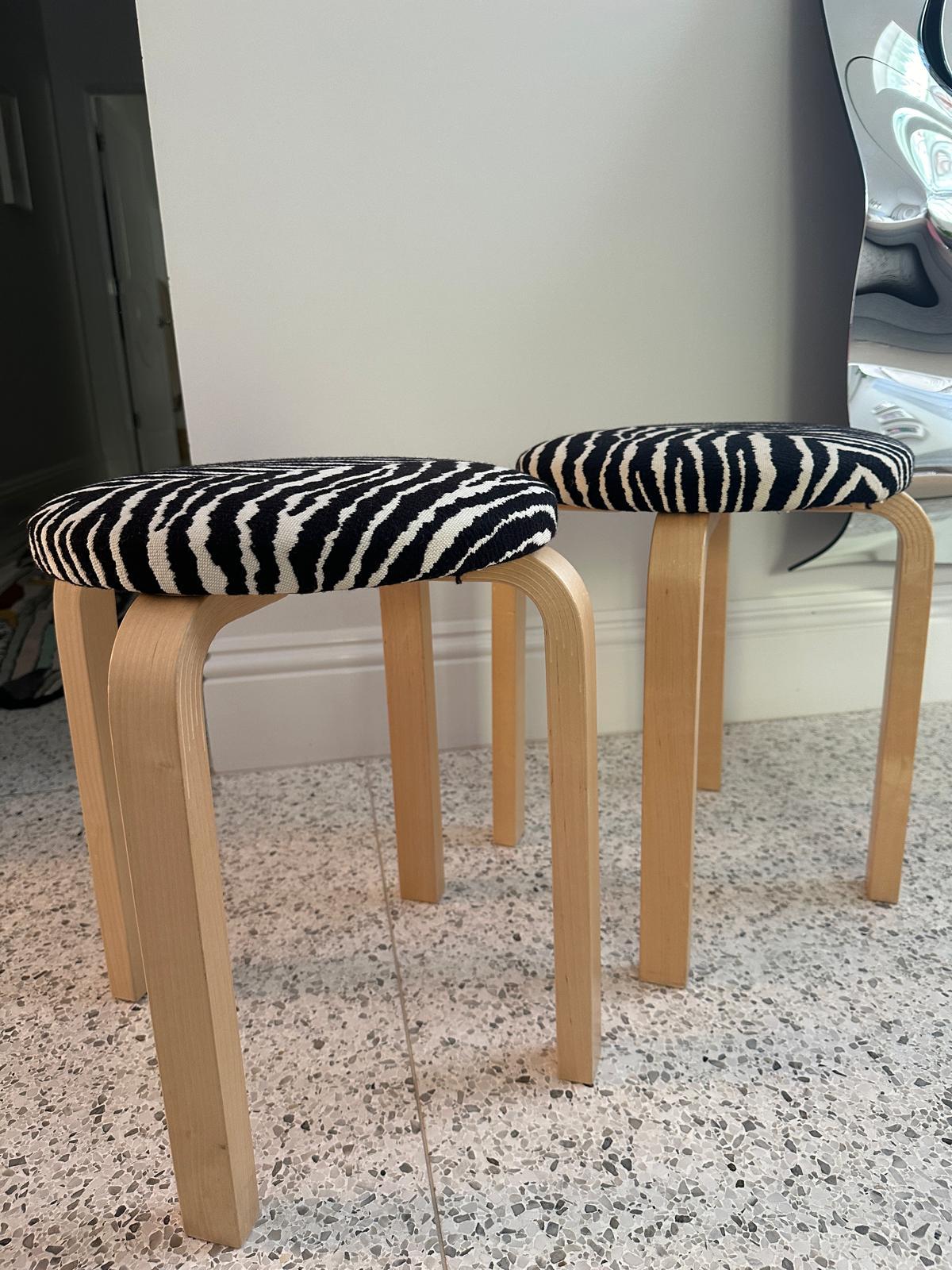 Birch Set of Two Artek 60 Zebra Fabric Stools by Alvar Aalto in STOCK