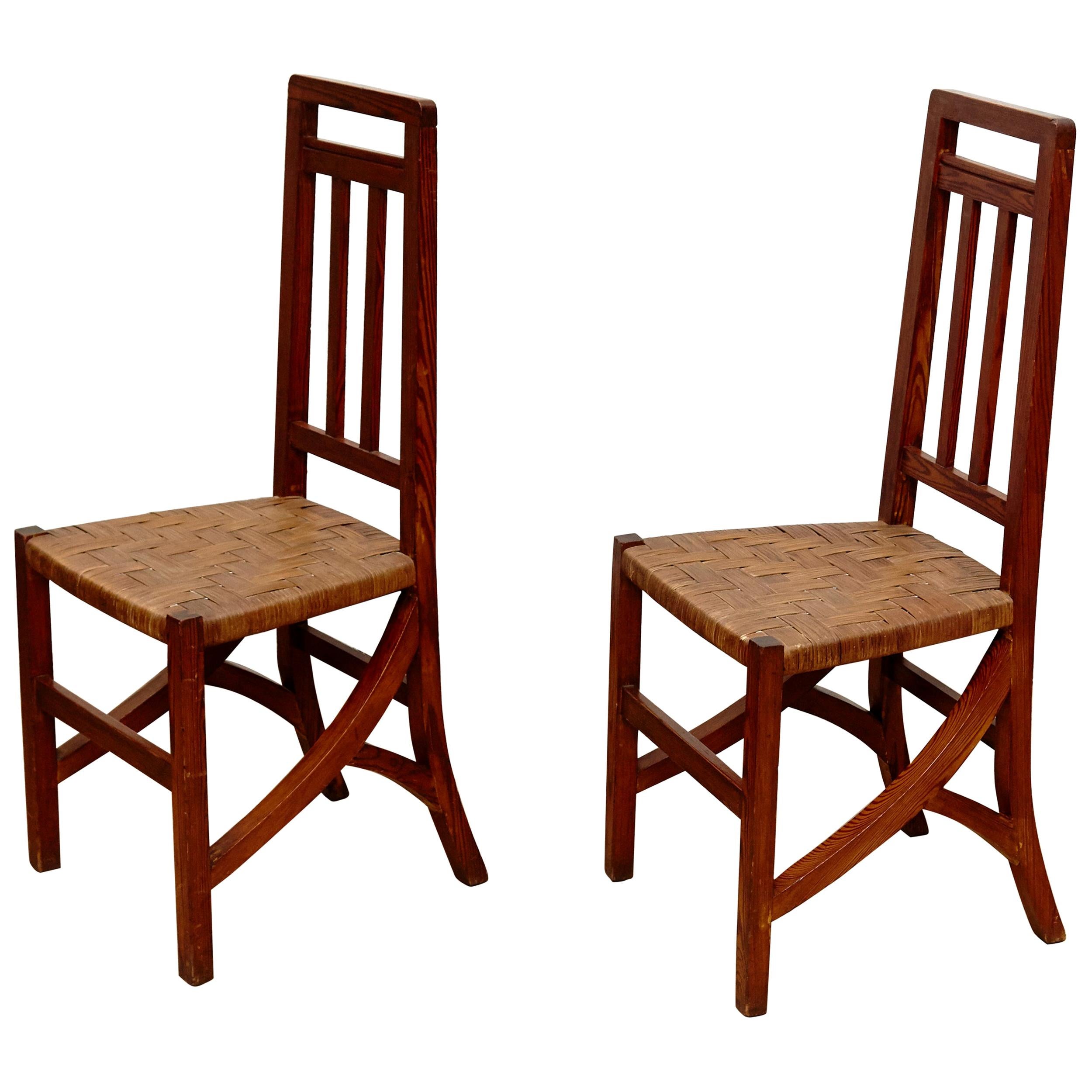 Set of Two Arts & Crafts Chairs in Wood and Rattan, circa 1910