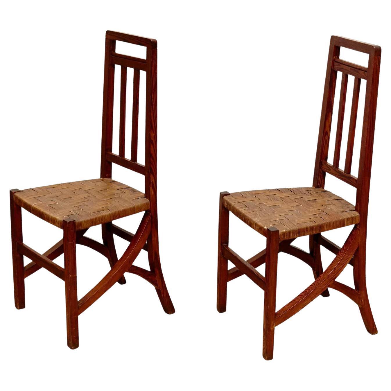 Set of Two Arts & Crafts Chairs in Wood and Rattan, circa 1910