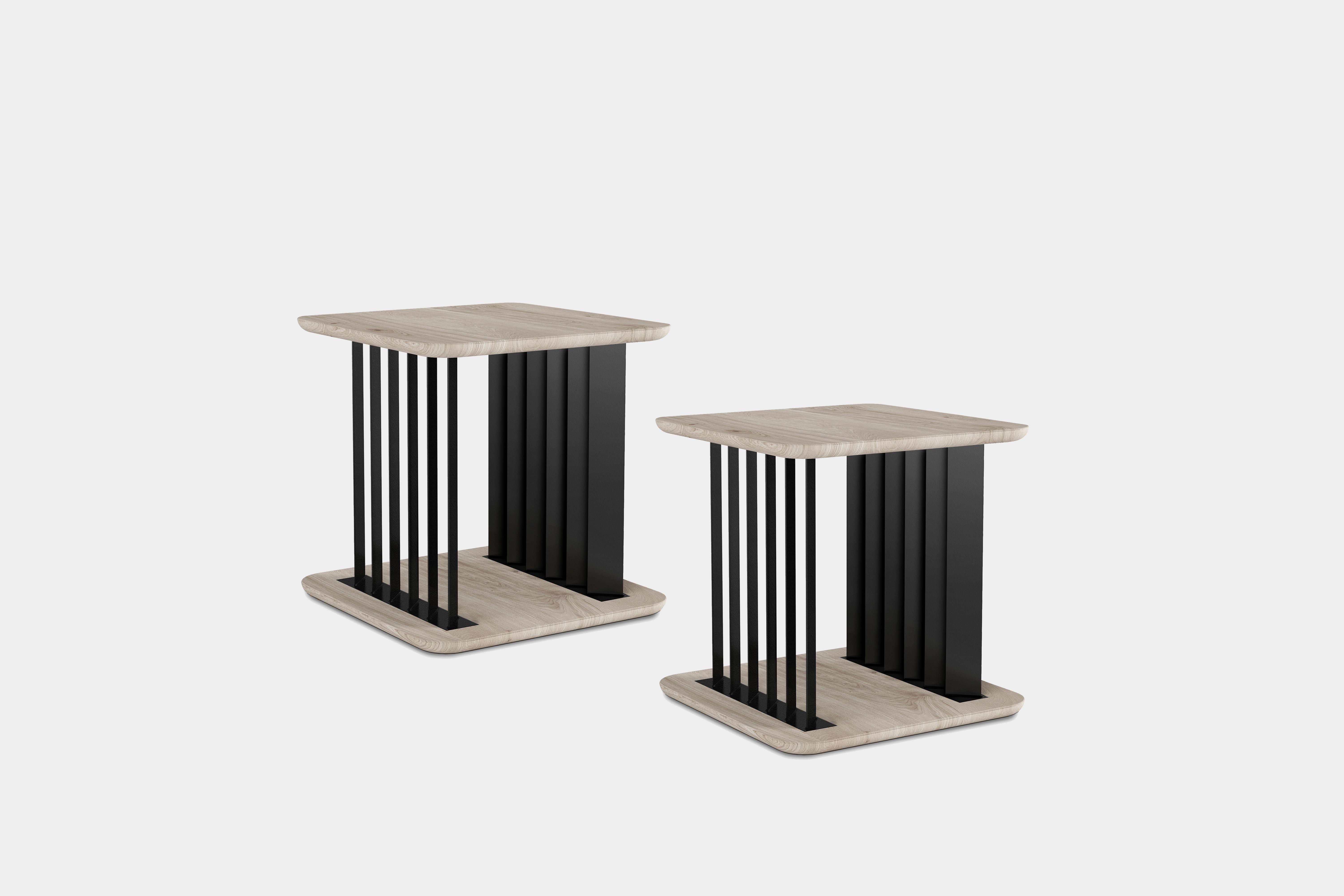 Set of Two Plateau Side Tables, Night Stand in Grey Wood and Metal Structure

Inspired by the majesty of mountain systems throughout the Americas, Plateau makes reference to the small surfaces that emerge from a vast piece of land peculiar for its