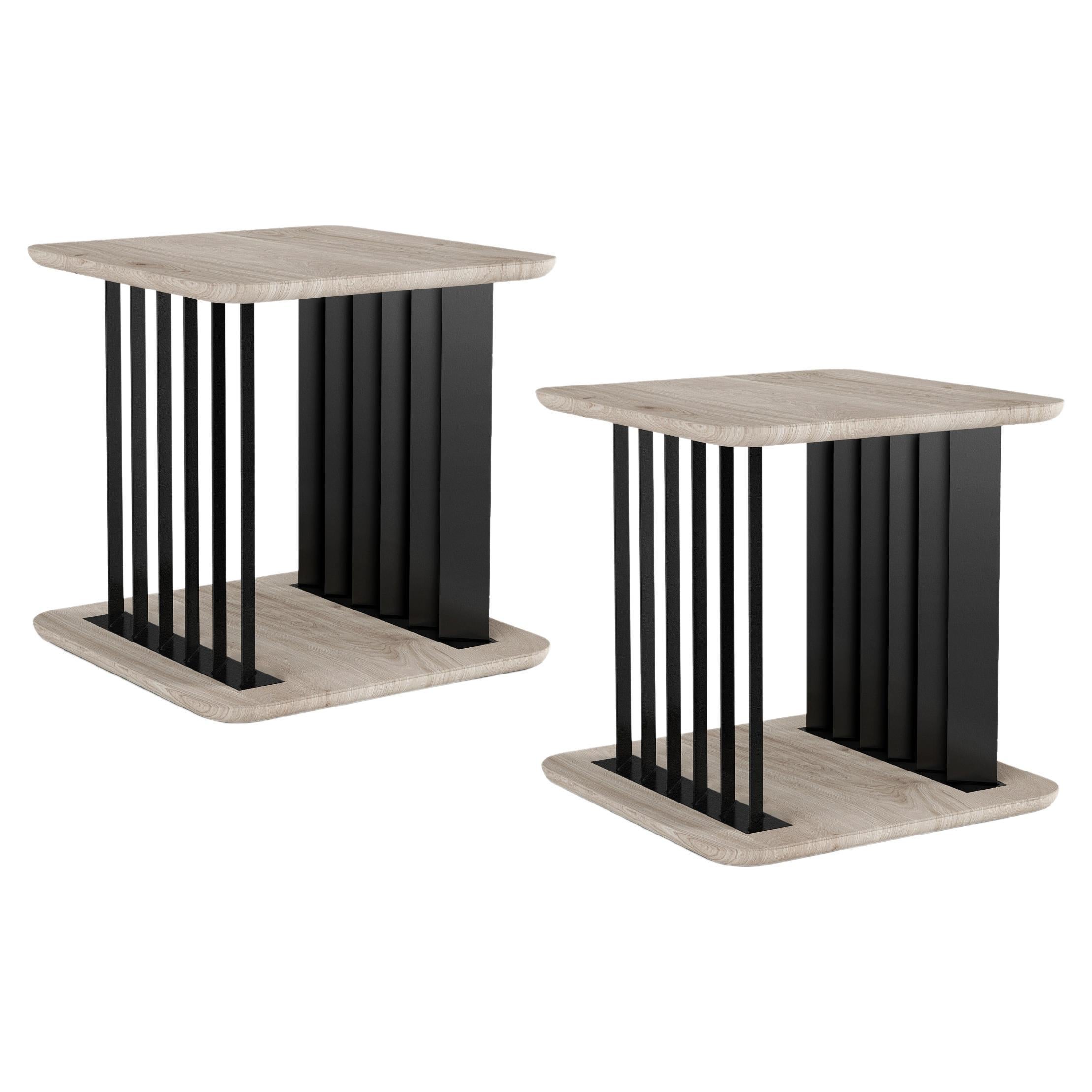 Set of Two Plateau Side Tables, Night Stand in Grey Wood and Metal Structure