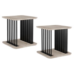 Set of Two Plateau Side Tables, Night Stand in Grey Wood and Metal Structure
