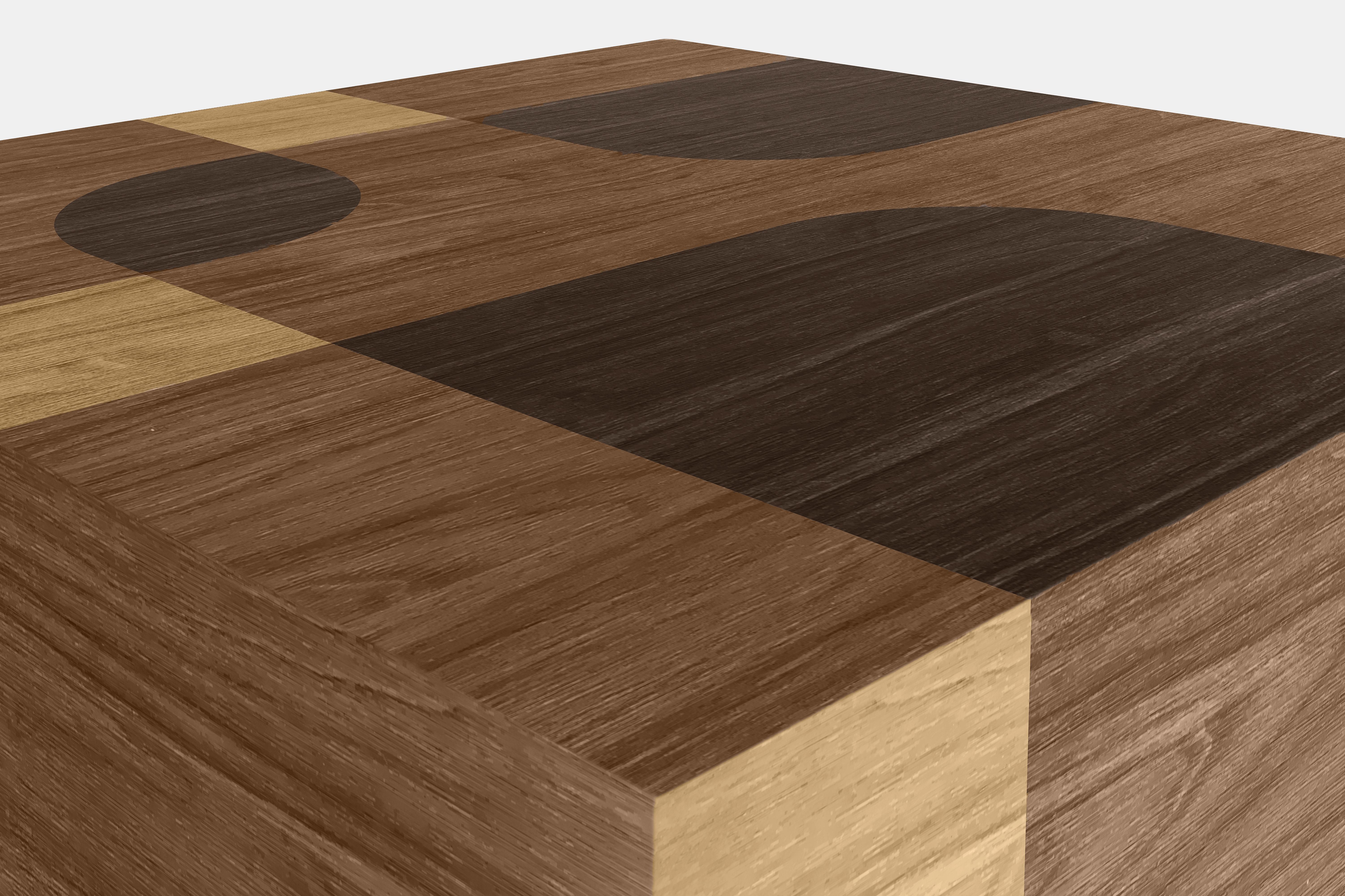 XXIe siècle et contemporain 2 tables d'appoint Bodega et 1 table basse en marqueterie de bois chaud par Joel Escalona en vente