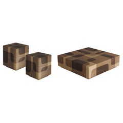 2 Bodega Side Tables and 1 Coffee Table in Warm Wood Marquetry by Joel Escalona