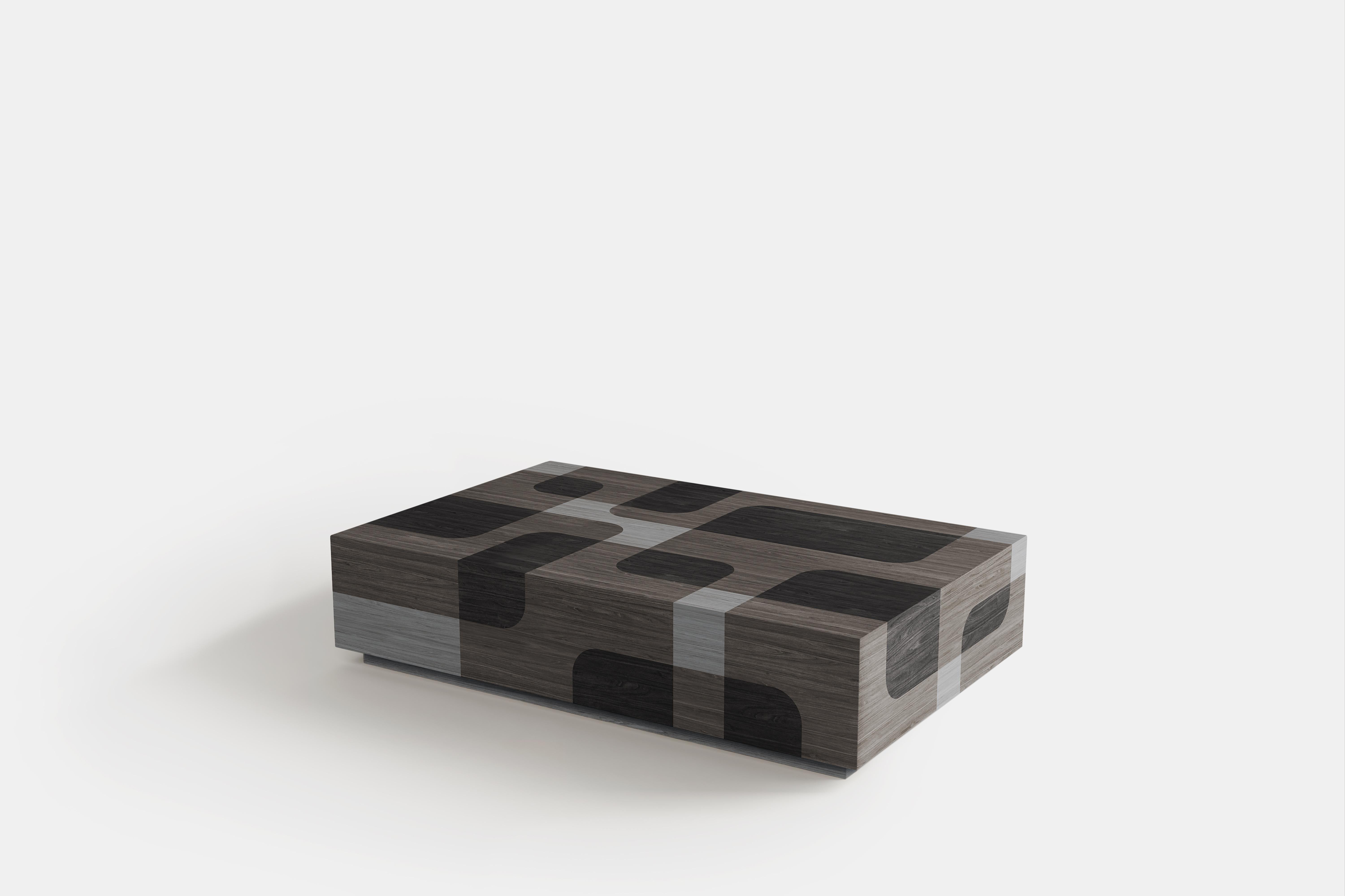 2 Bodega Side Tables and 1 Coffee Table in Black Wood Marquetry by Joel Escalona (Marketerie) im Angebot