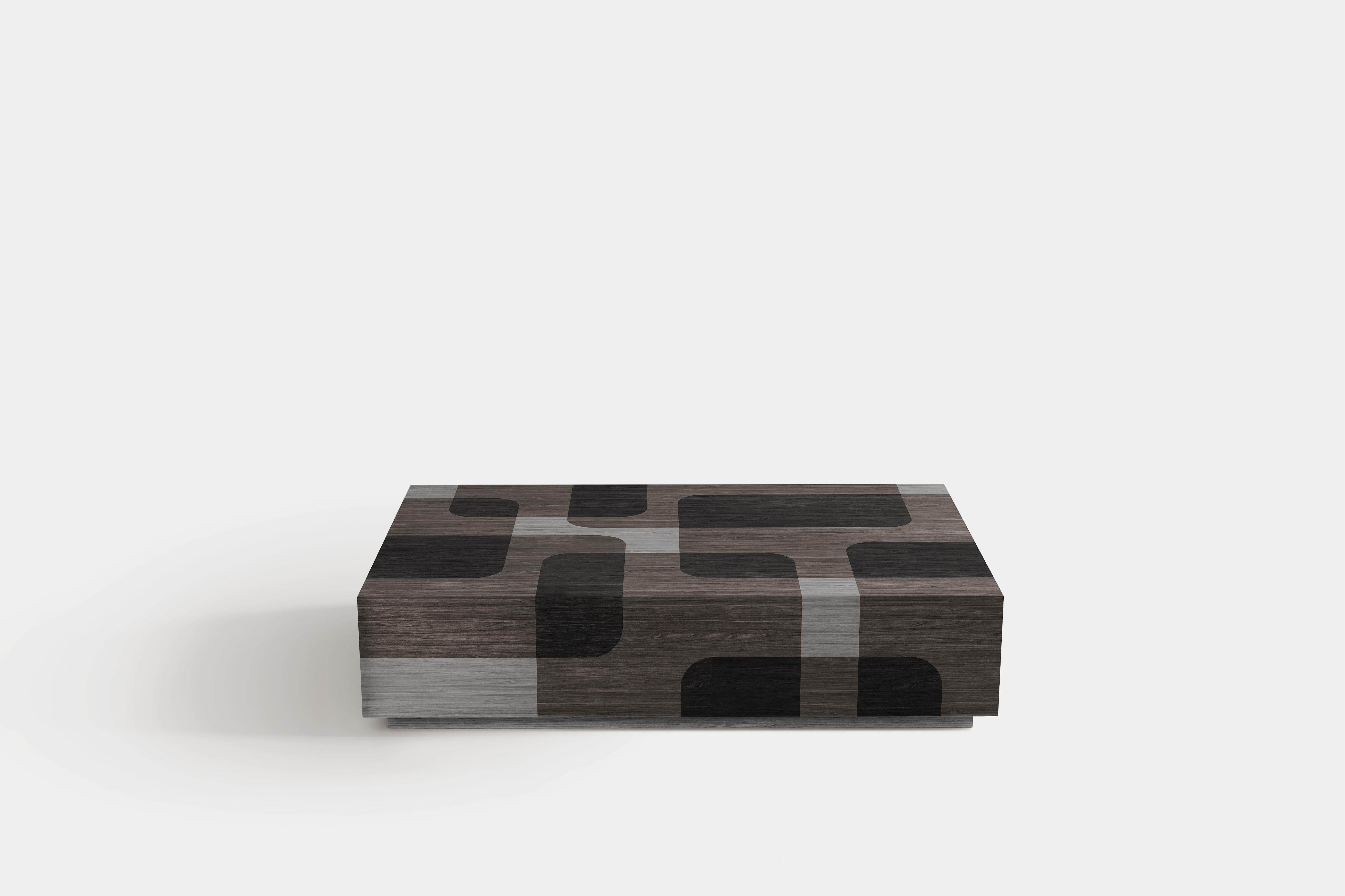Plywood 2 Bodega Side Tables and 1 Coffee Table in Black Wood Marquetry by Joel Escalona For Sale