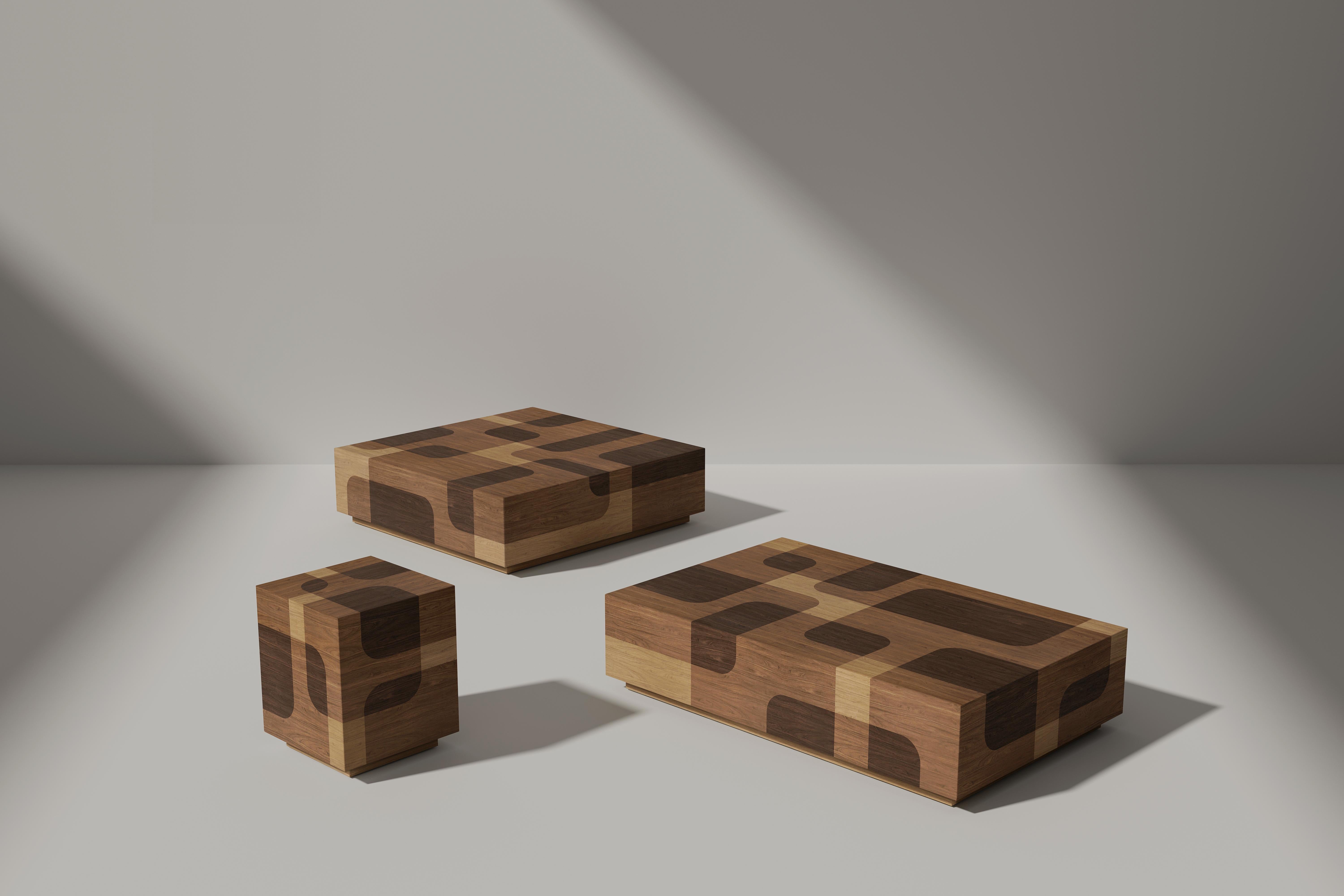 2 Bodega Nightstands and 1 Coffee Table in Warm Wood Marquetry by Joel Escalona im Angebot 3