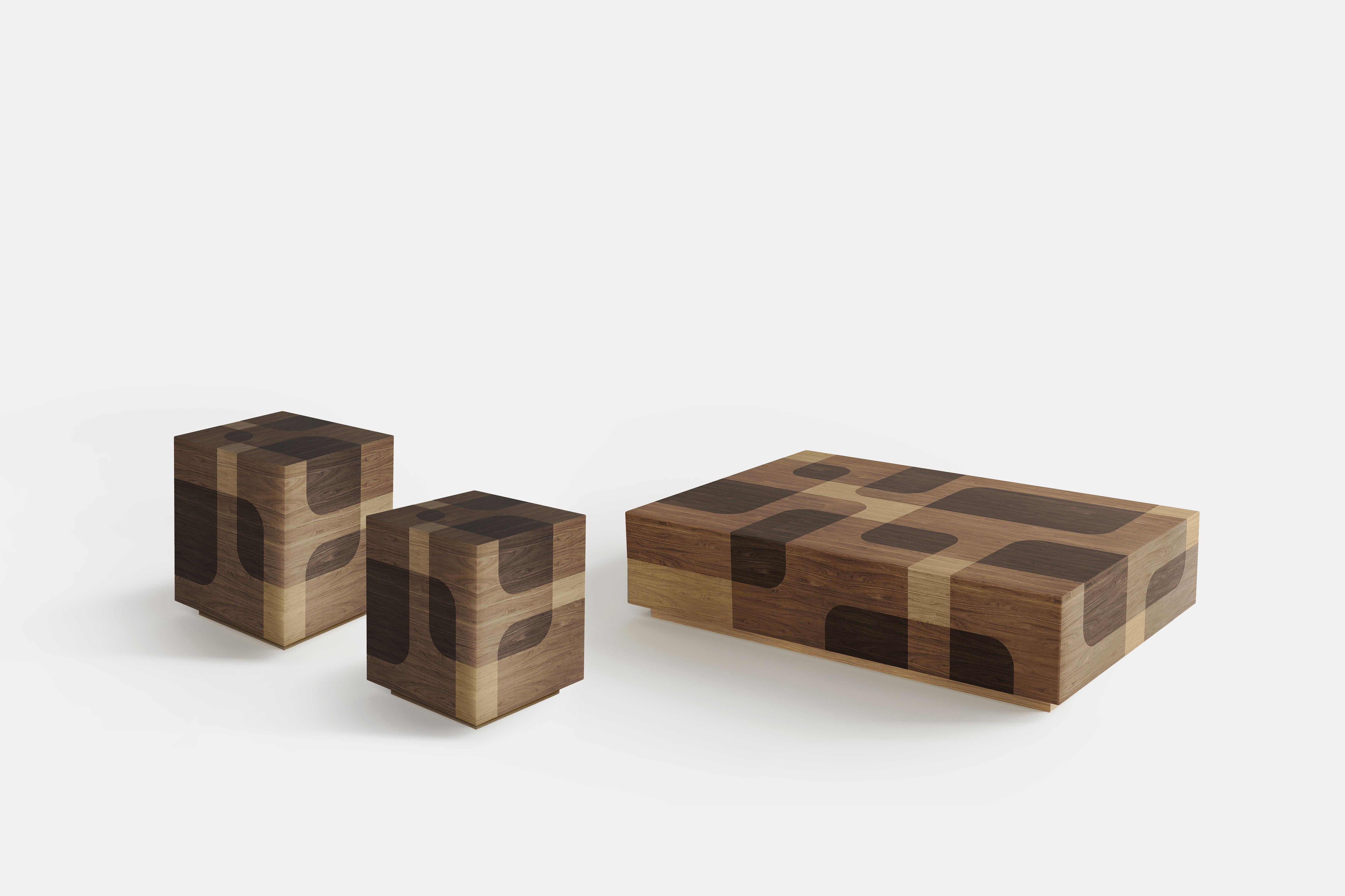 2 Bodega Nightstands and 1 Coffee Table in Warm Wood Marquetry by Joel Escalona (Mexikanisch) im Angebot