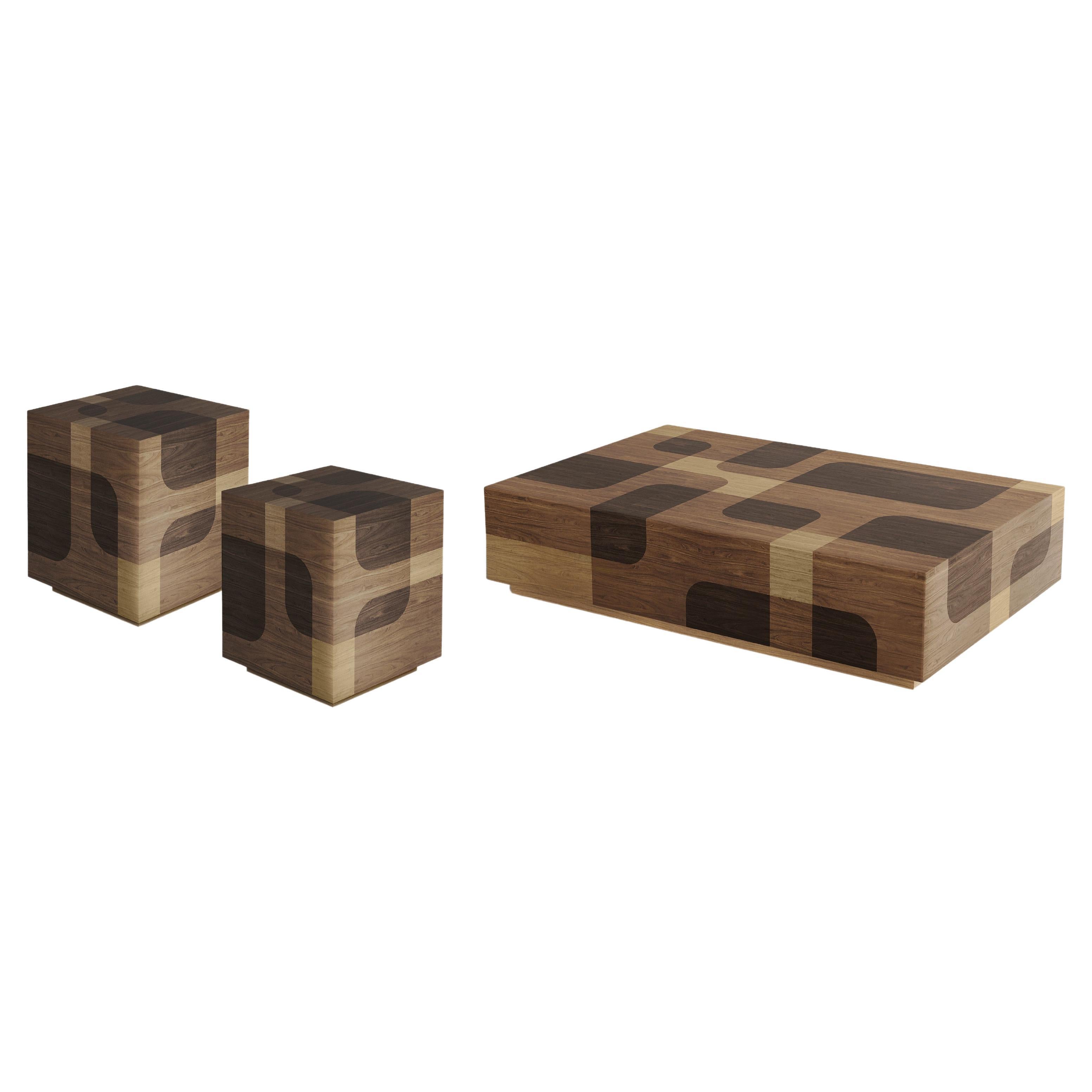 2 Bodega Nightstands and 1 Coffee Table in Warm Wood Marquetry by Joel Escalona im Angebot