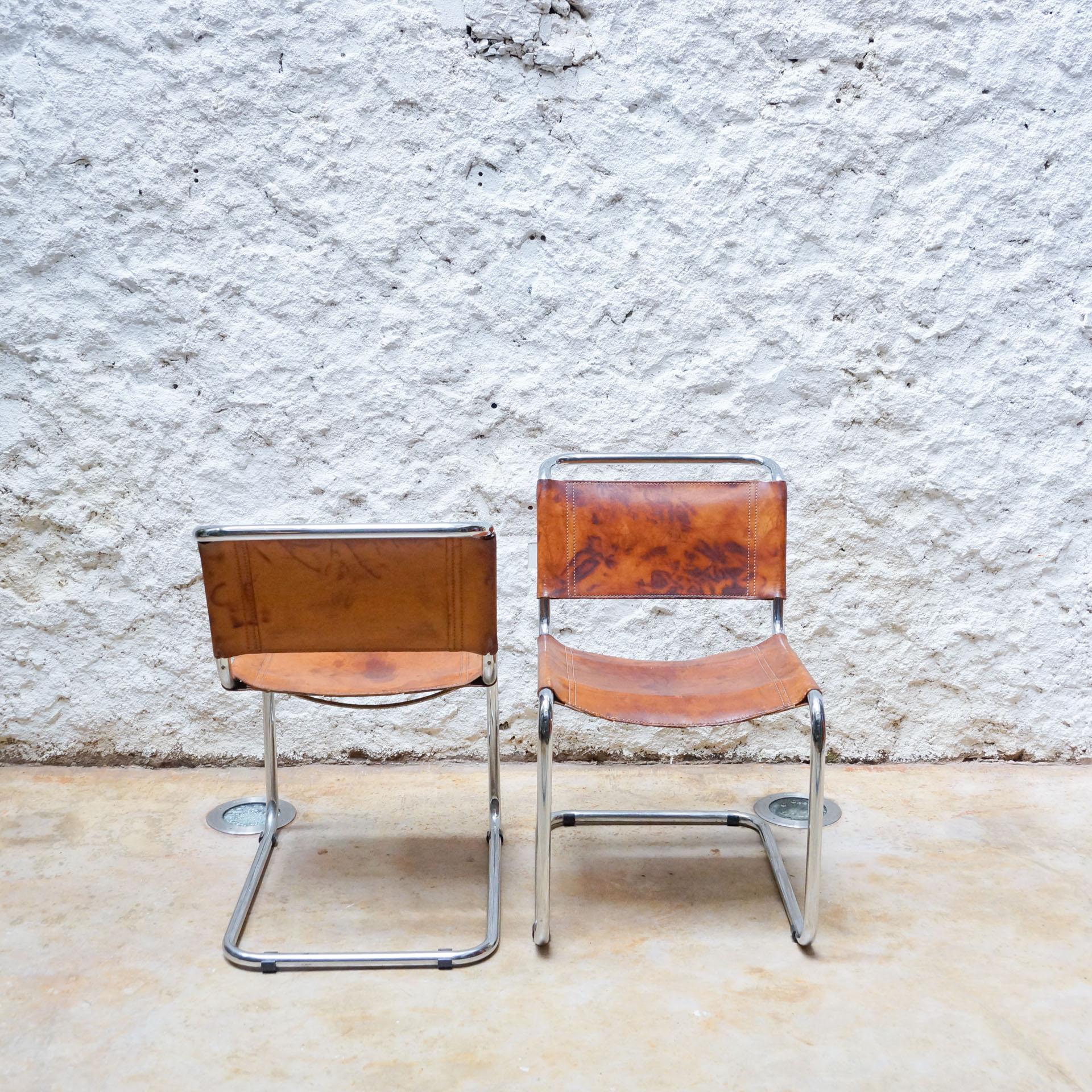 Italian Set of Two B33 Chairs in Steel and Leather by Marcel Breuer