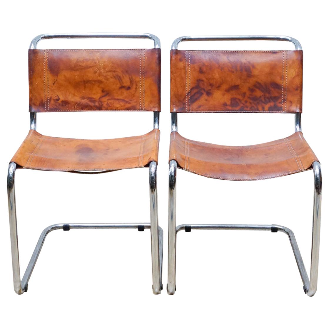 Set of Two B33 Chairs in Steel and Leather by Marcel Breuer