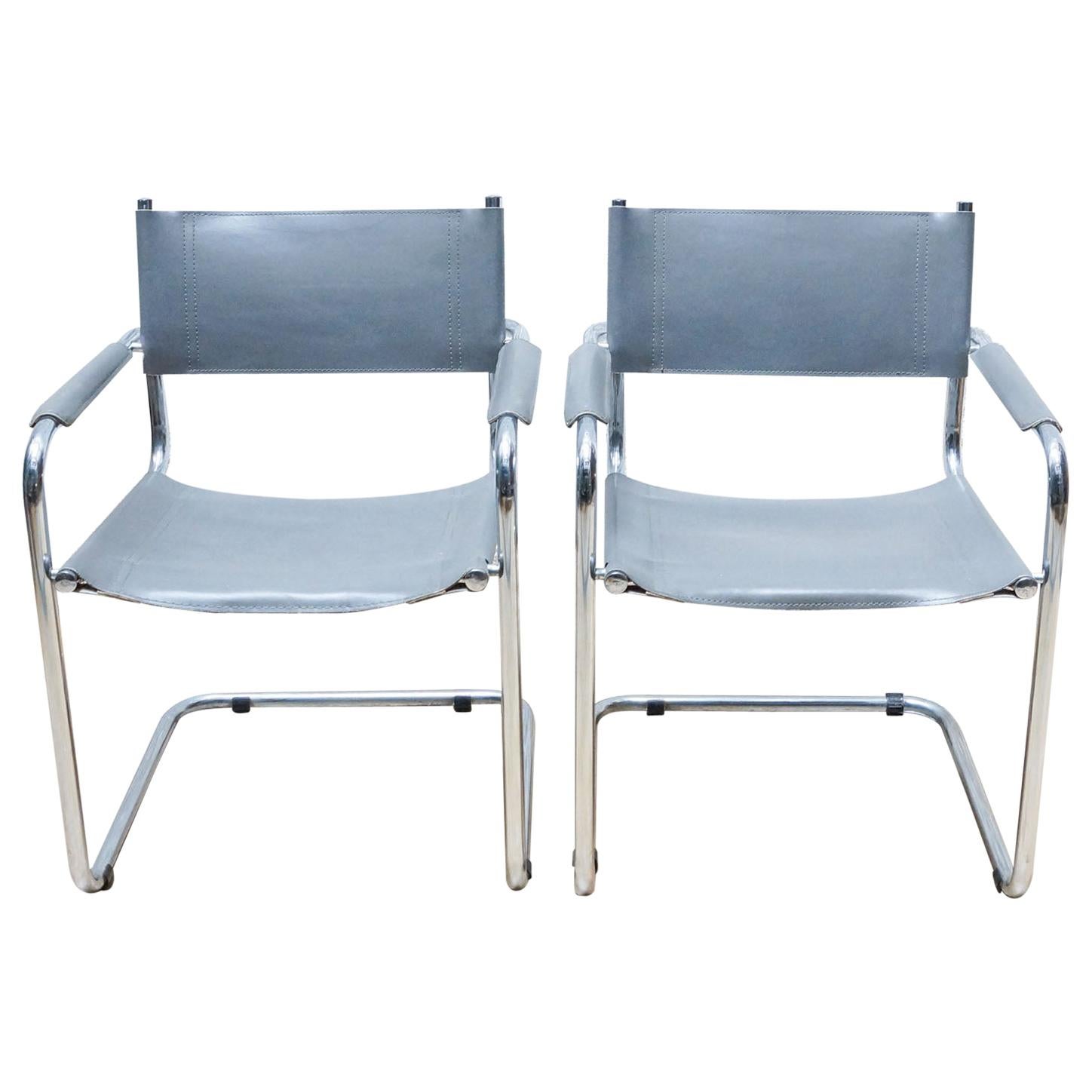 Set of Two B34 Chairs in Steel and Leather by Marcel Breuer