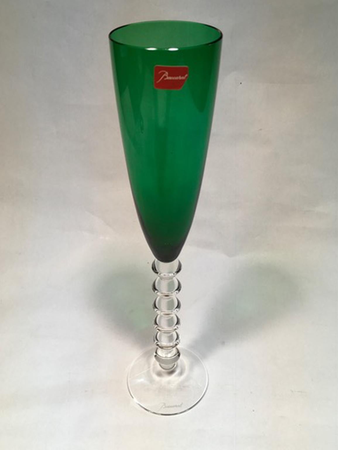 French Set of Two Baccarat Green Crystal Goblets Glasses, France, 21st Century