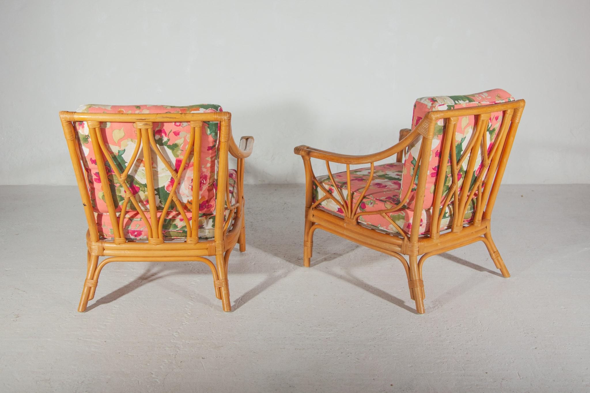 Upholstery Set of Two Bamboo Floral Lounge Chairs Boho Chique For Sale