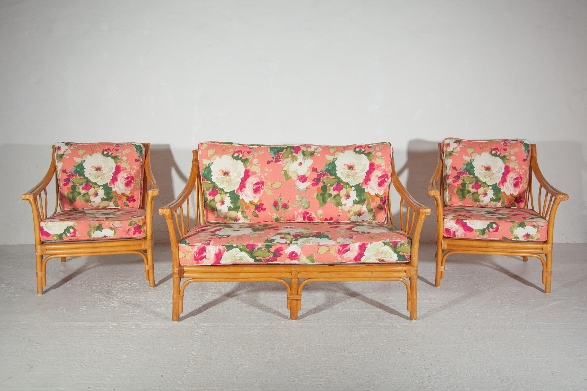 Ensemble de deux chaises longues en bambou à motifs floraux Boho Chique 1