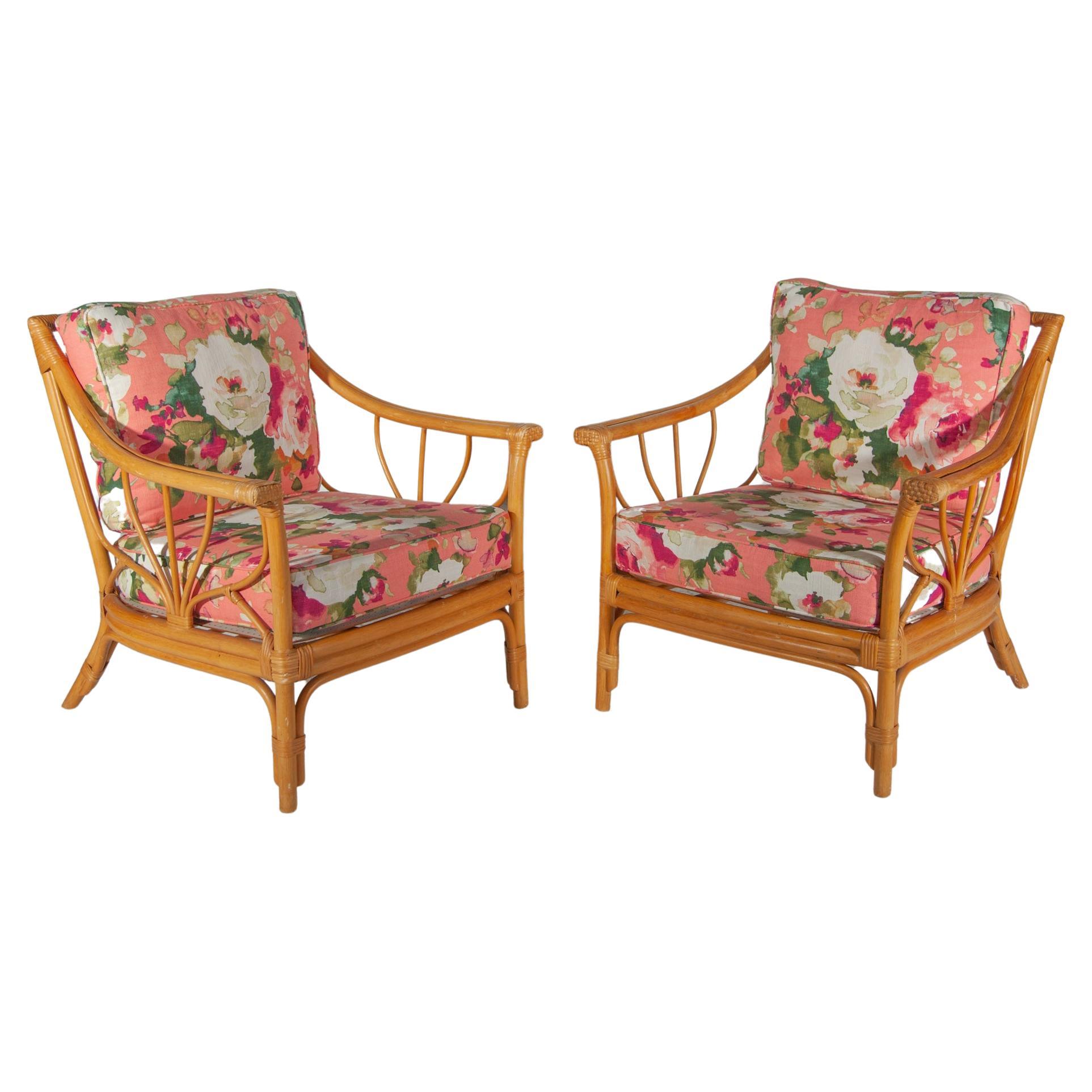 Set of Two Bamboo Floral Lounge Chairs Boho Chique For Sale