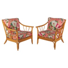 Set of Two Bamboo Floral Lounge Chairs Boho Chique