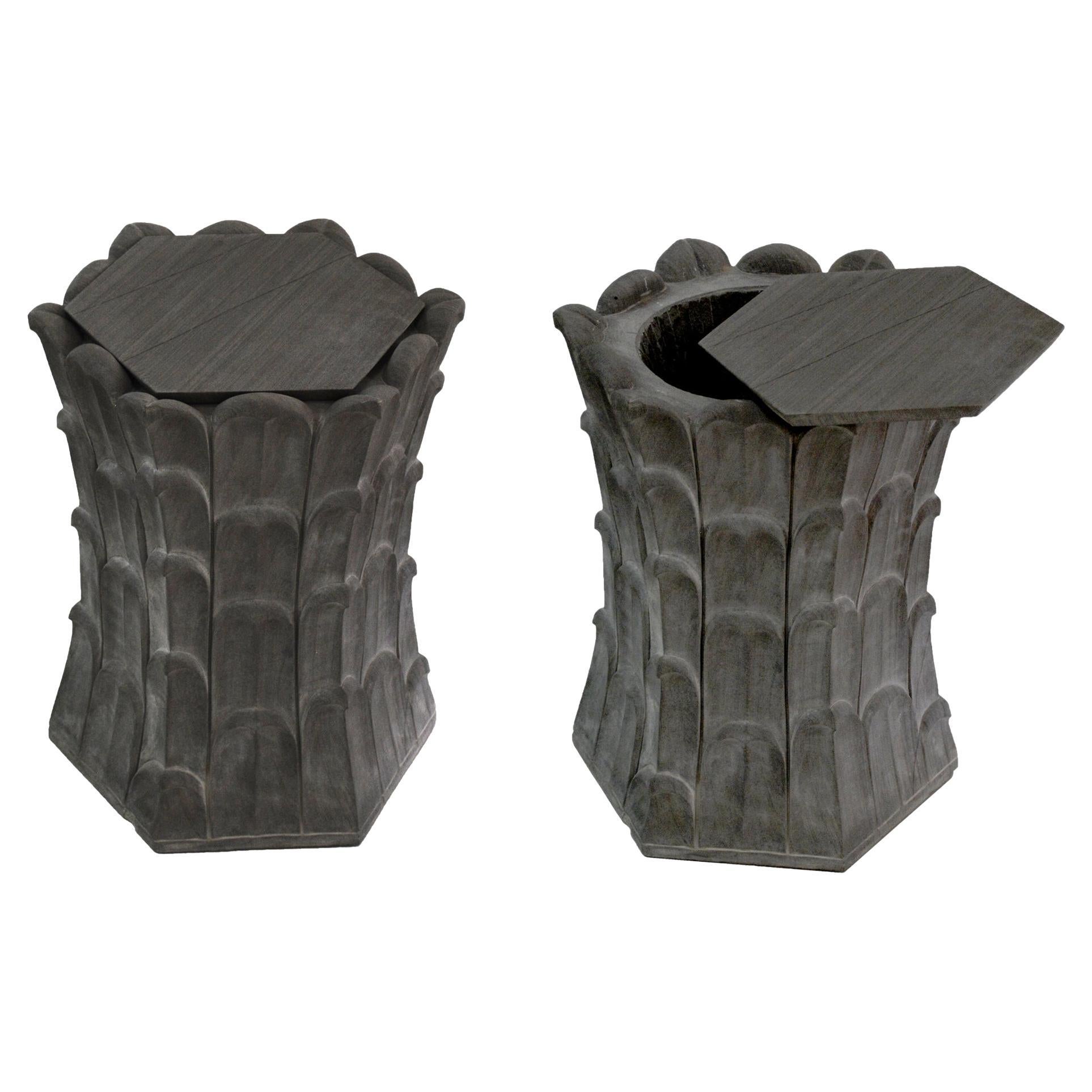 Set of Two Bamboo Grove Side Tables in Agra Grey Stone Handcrafted in India For Sale